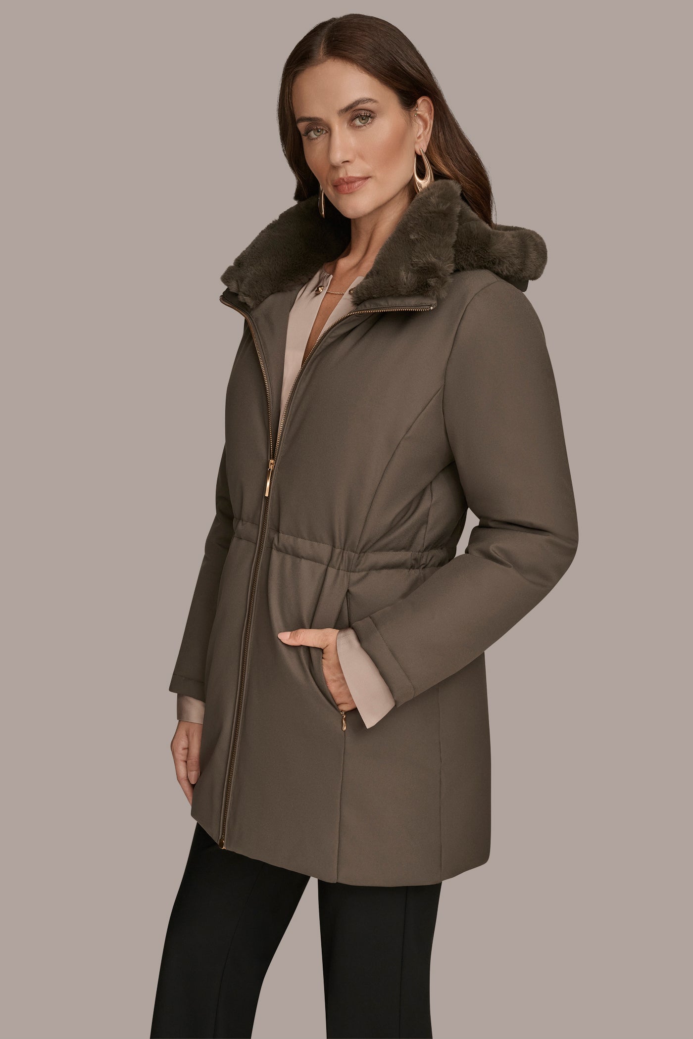 Hickory FAUX FUR LINED PUFFER Donna Karan