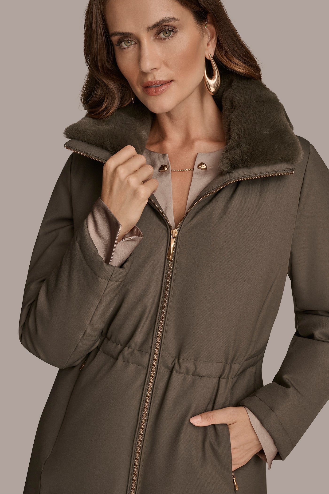 Hickory FAUX FUR LINED PUFFER Donna Karan