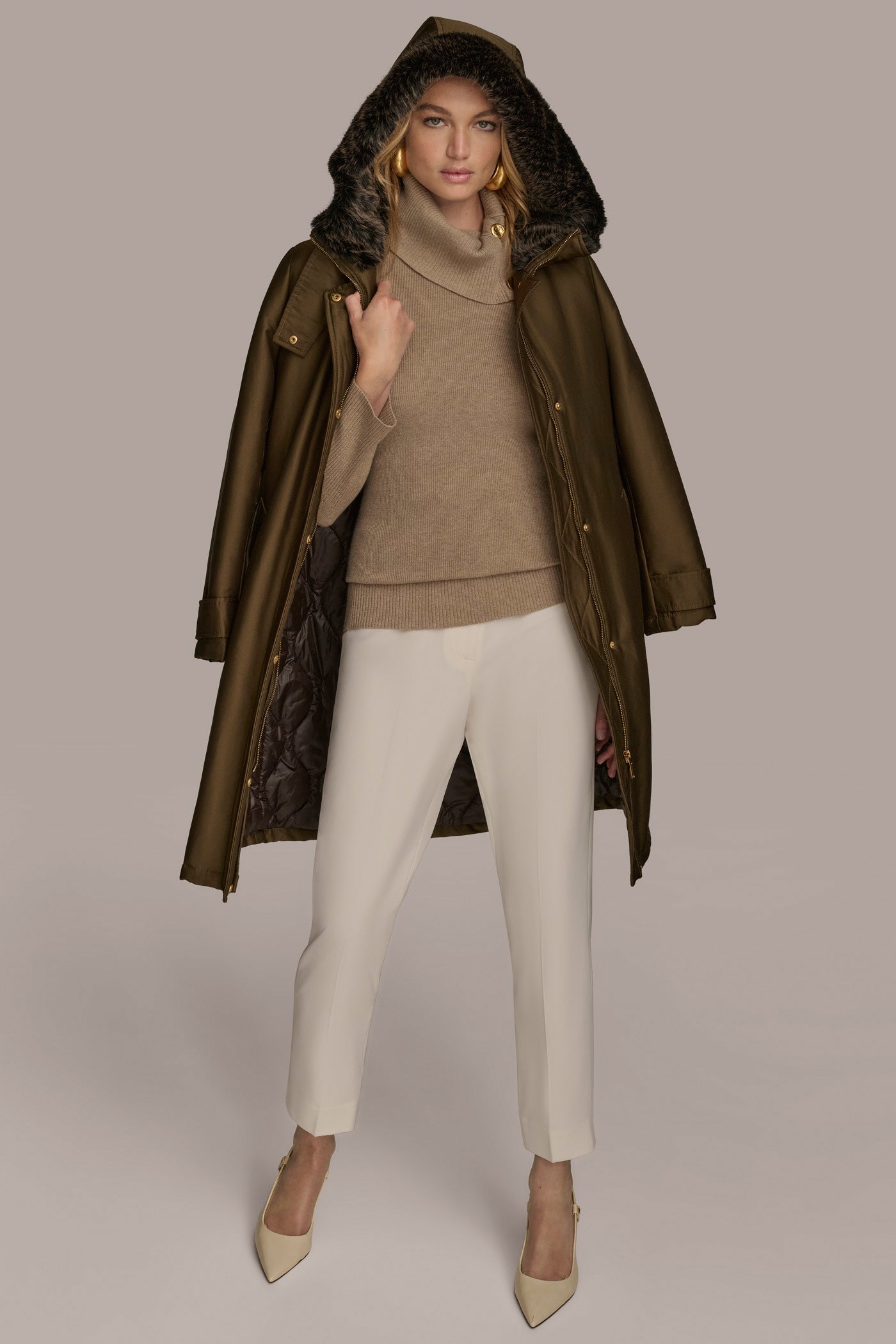 Beech FAUX FUR TRIM LINED RAIN COAT Donna Karan