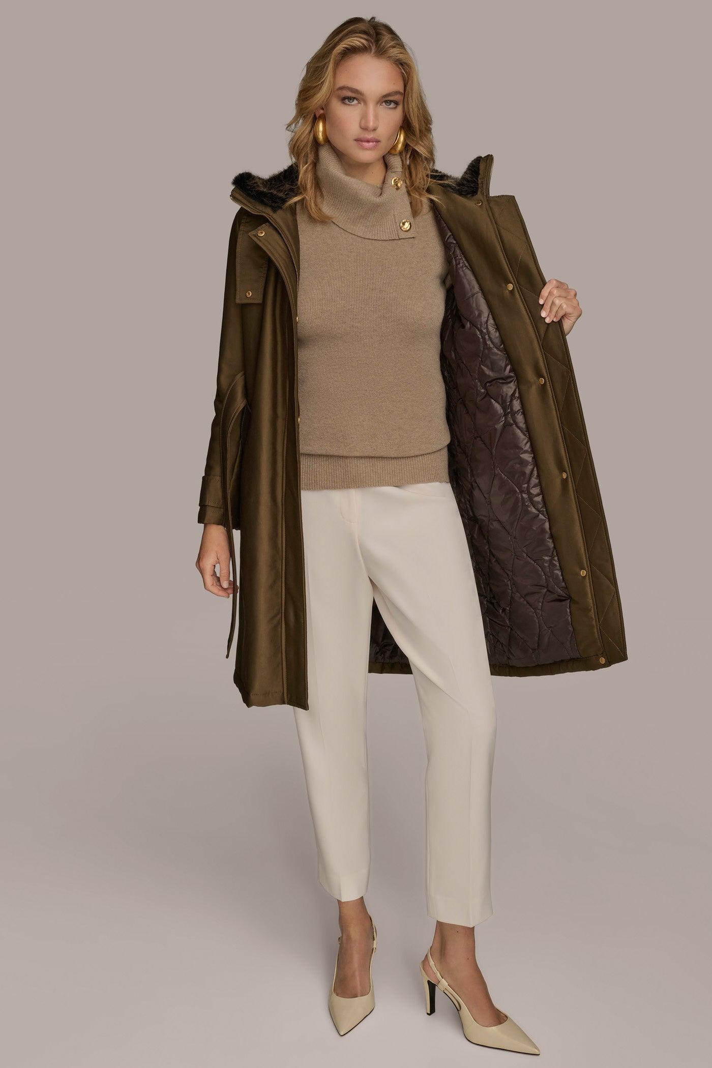 Beech FAUX FUR TRIM LINED RAIN COAT Donna Karan