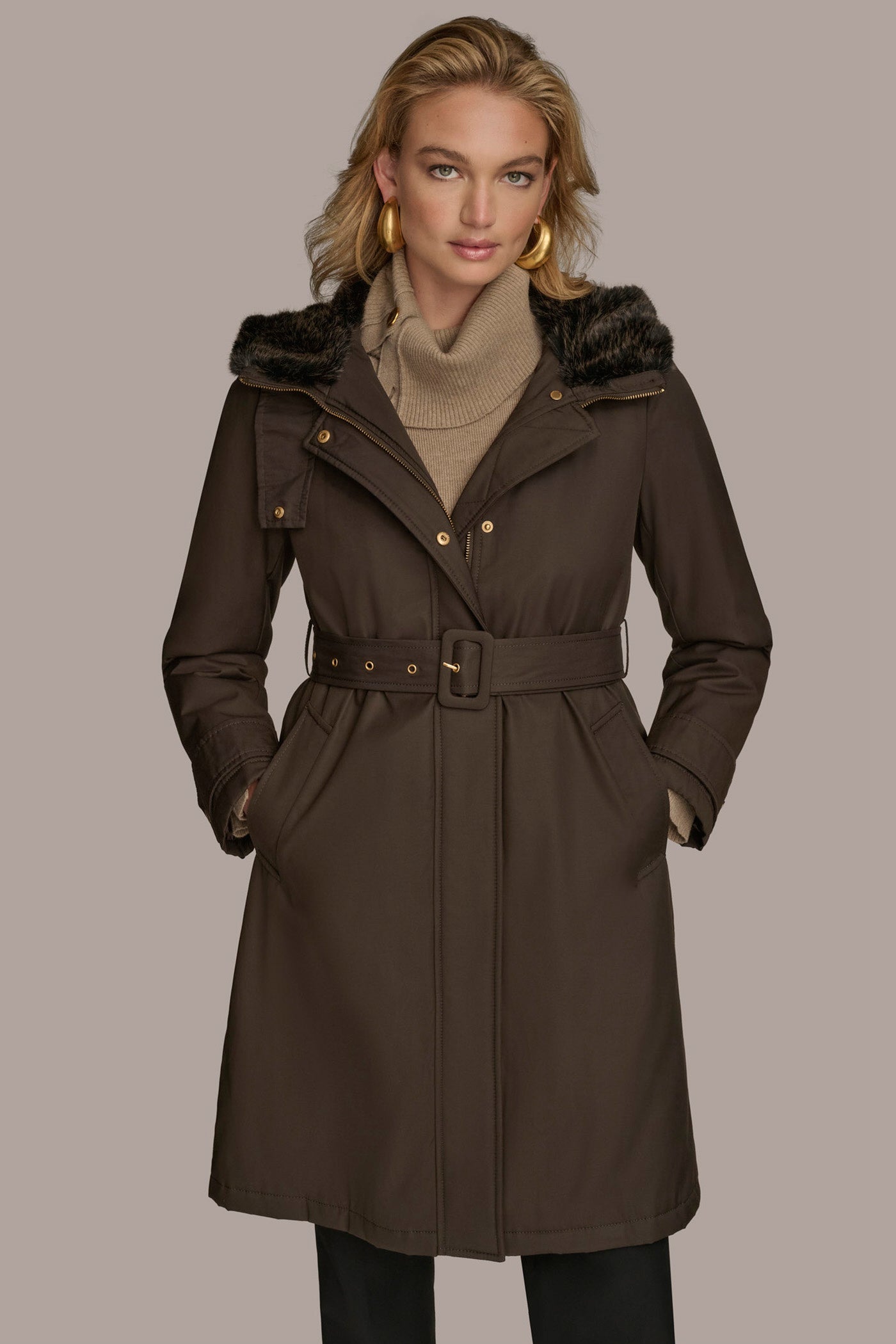 Brown FAUX FUR TRIM LINED RAIN COAT Donna Karan