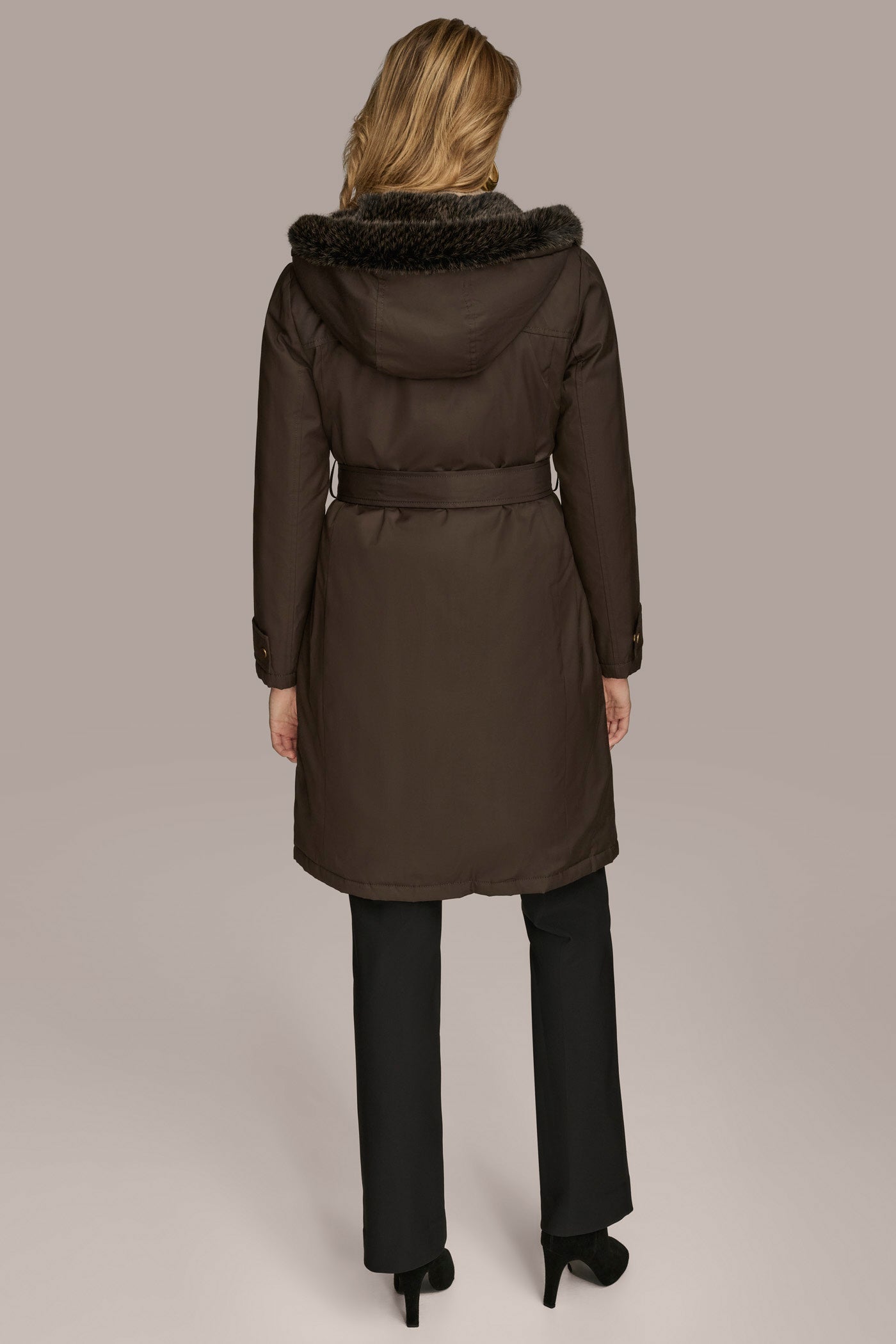 Brown FAUX FUR TRIM LINED RAIN COAT Donna Karan