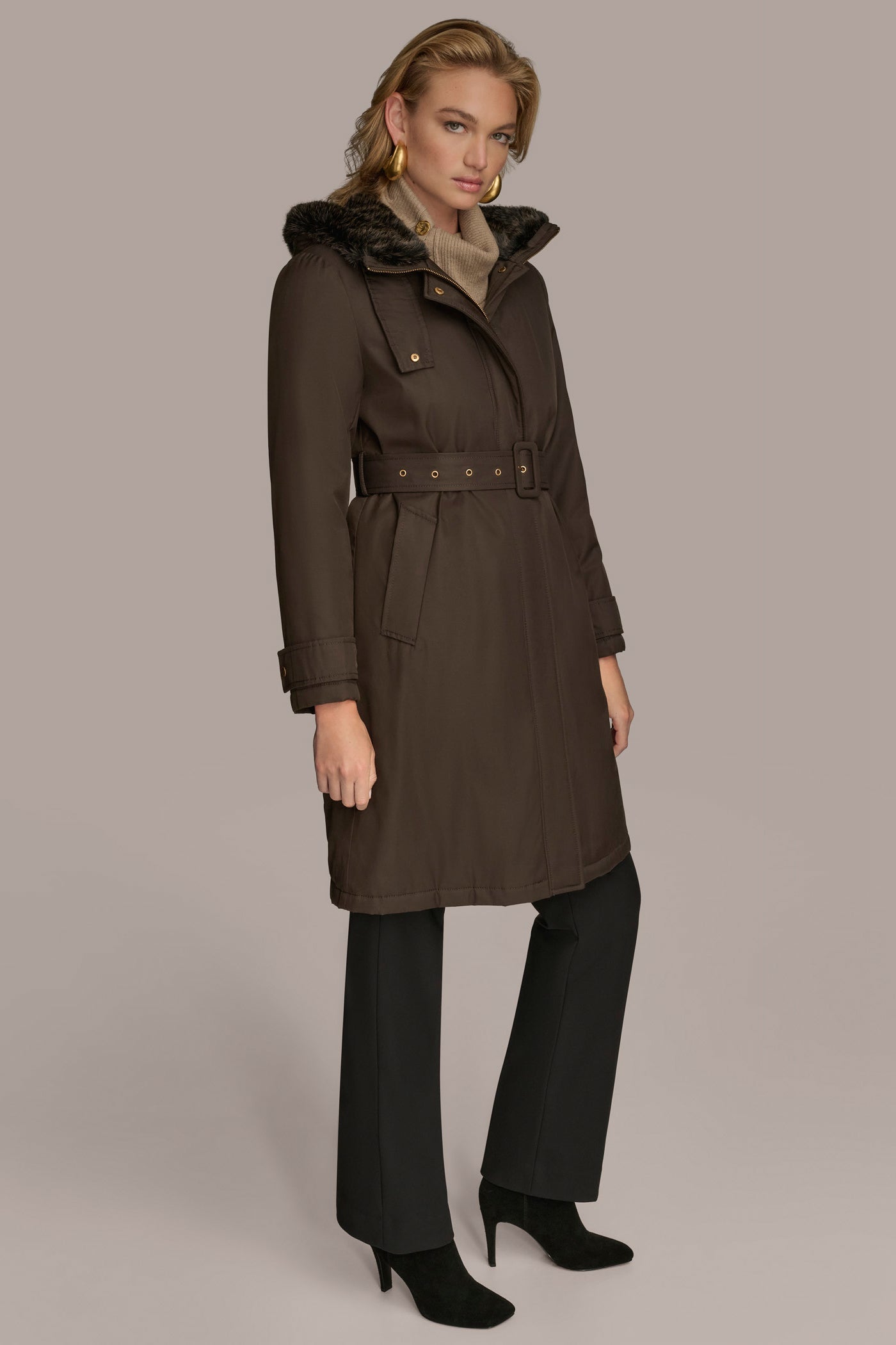 Brown FAUX FUR TRIM LINED RAIN COAT Donna Karan