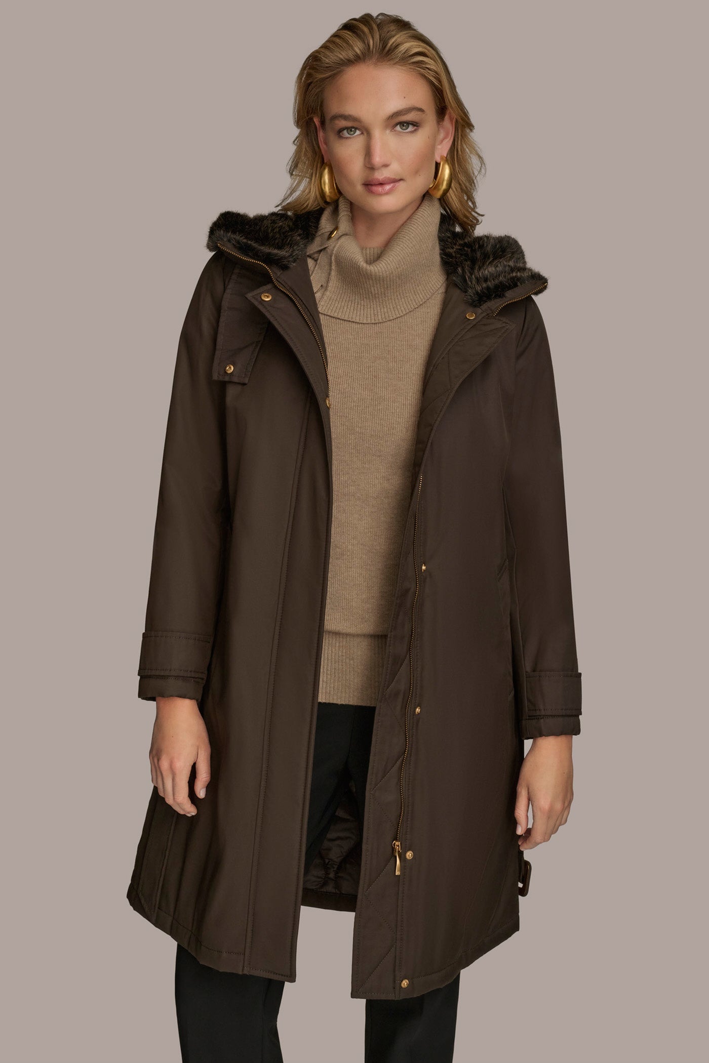 Brown FAUX FUR TRIM LINED RAIN COAT Donna Karan