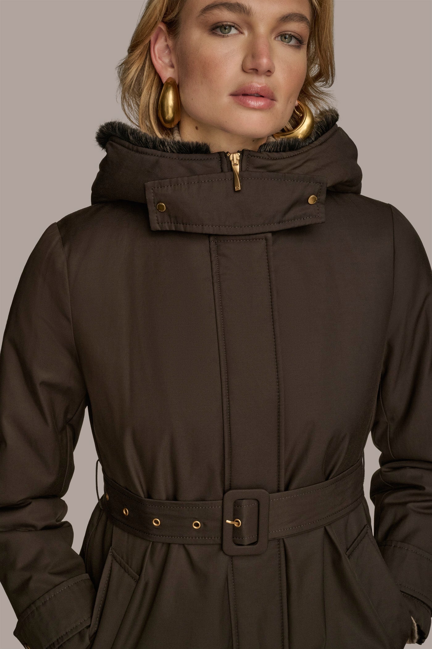 Brown FAUX FUR TRIM LINED RAIN COAT Donna Karan