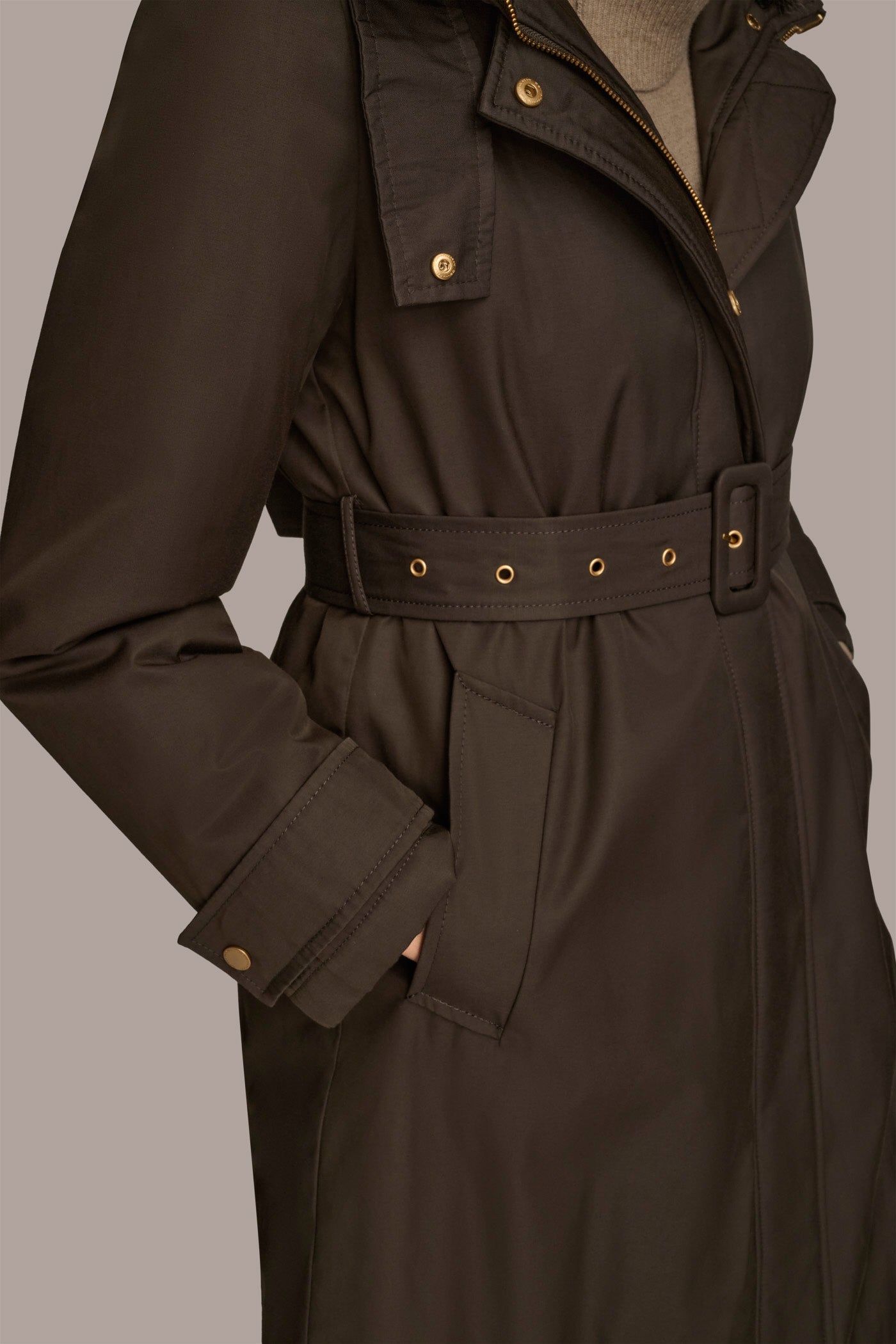 Brown FAUX FUR TRIM LINED RAIN COAT Donna Karan