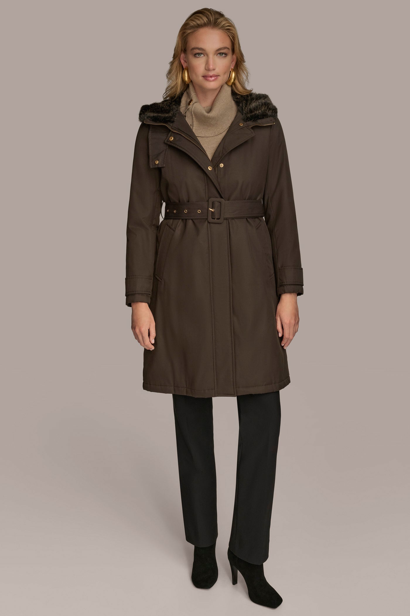 Brown FAUX FUR TRIM LINED RAIN COAT Donna Karan