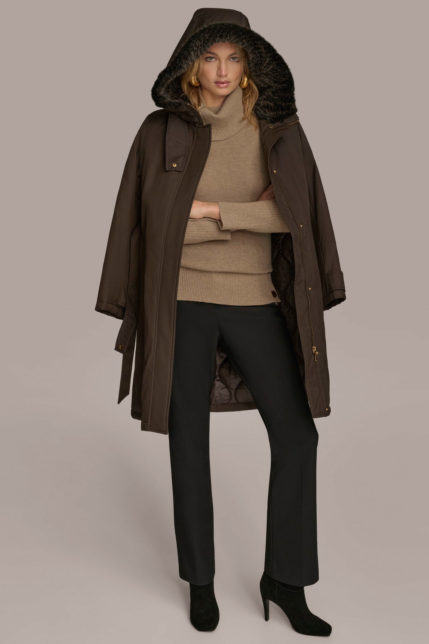 Brown FAUX FUR TRIM LINED RAIN COAT Donna Karan