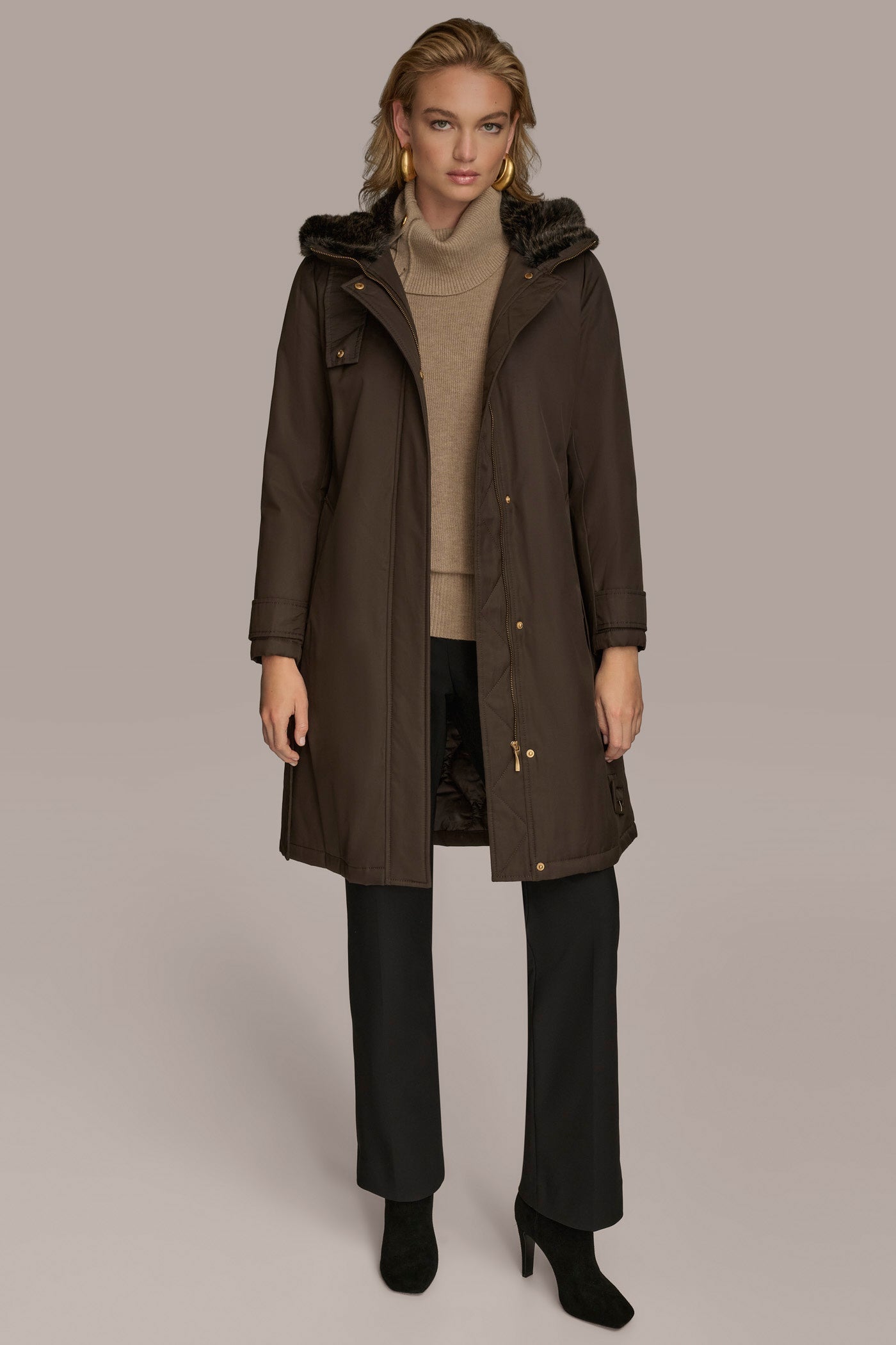 Brown FAUX FUR TRIM LINED RAIN COAT Donna Karan