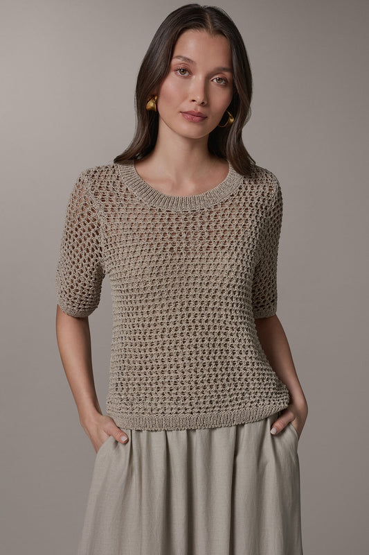 Sandstone SHORT SLEEVE OPEN STITCH SWEATER Donna Karan