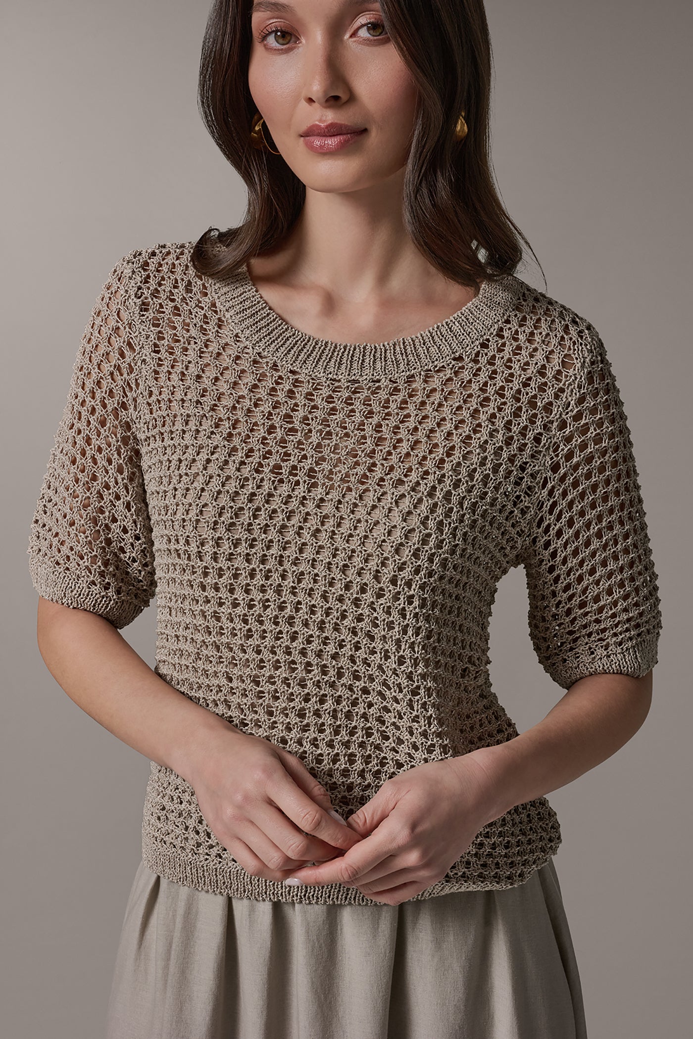 Sandstone SHORT SLEEVE OPEN STITCH SWEATER Donna Karan