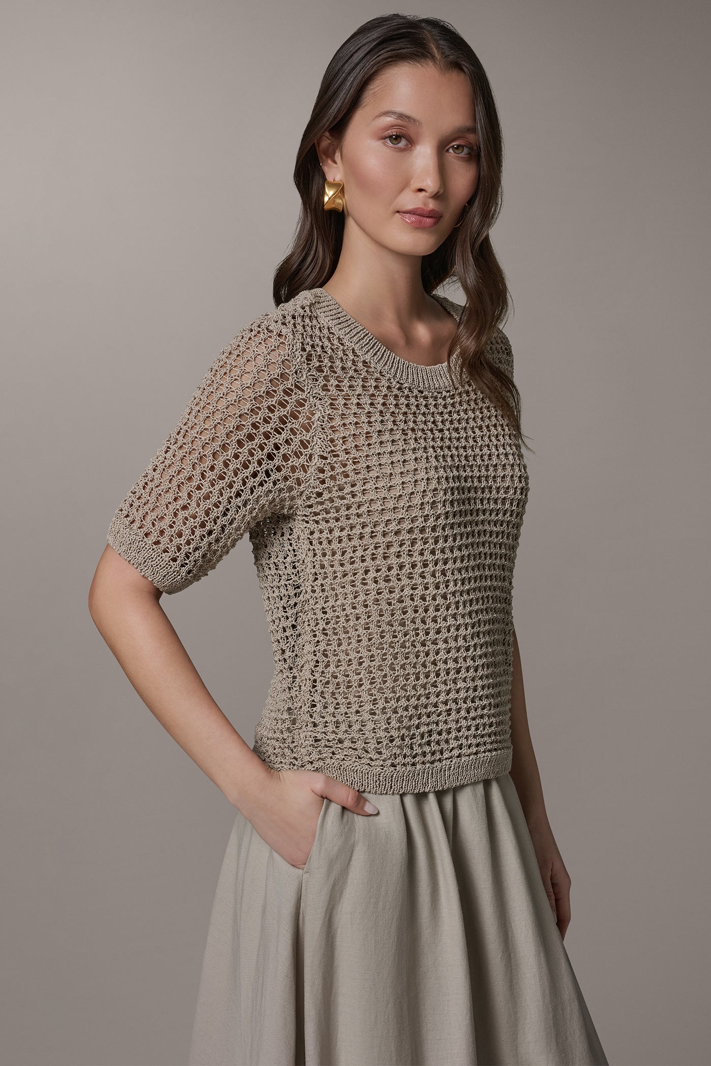 Sandstone SHORT SLEEVE OPEN STITCH SWEATER Donna Karan