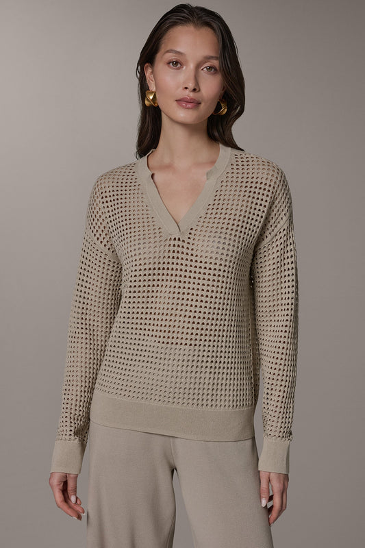 Sandstone LONG SLEEVE POINTELLE SWEATER Donna Karan