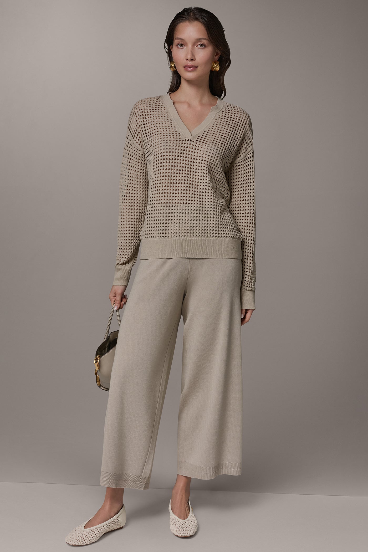Sandstone LONG SLEEVE POINTELLE SWEATER Donna Karan