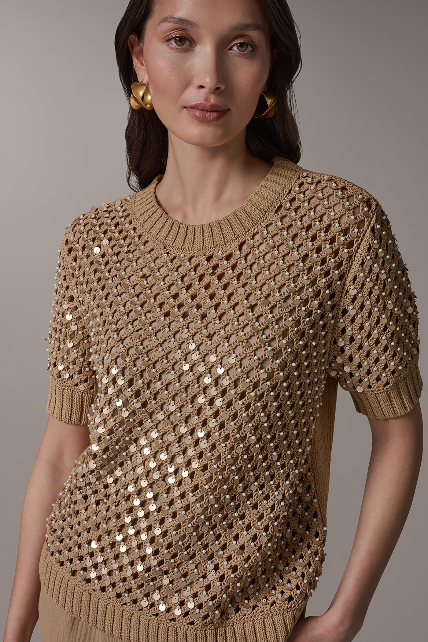 Fawn SHORT SLEEVE PEARL SEQUIN SWEATER Donna Karan