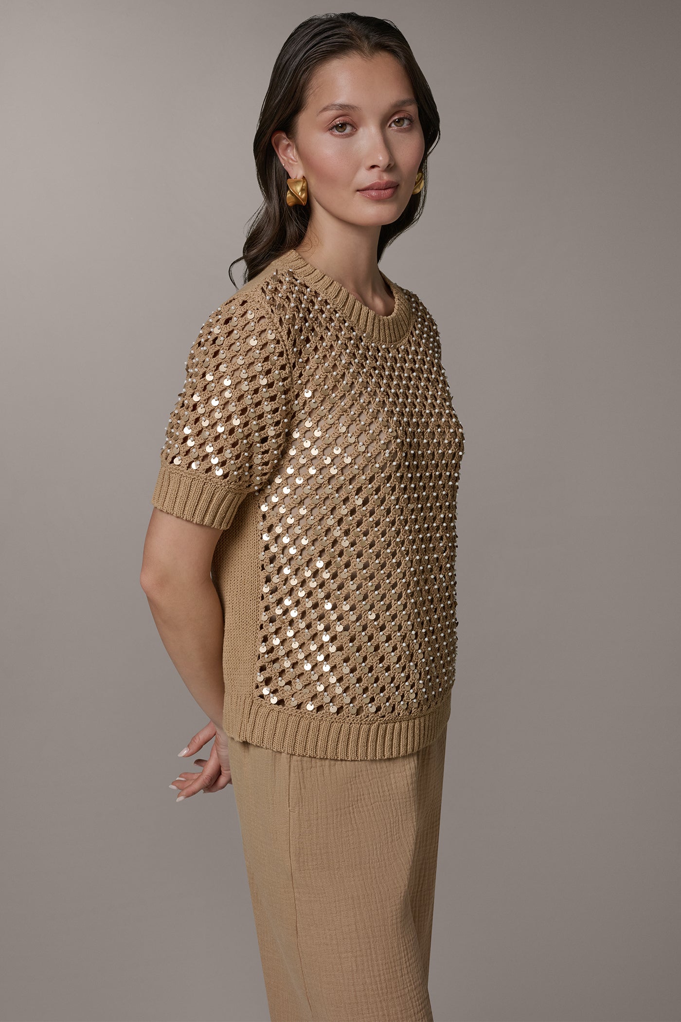 Fawn SHORT SLEEVE PEARL SEQUIN SWEATER Donna Karan