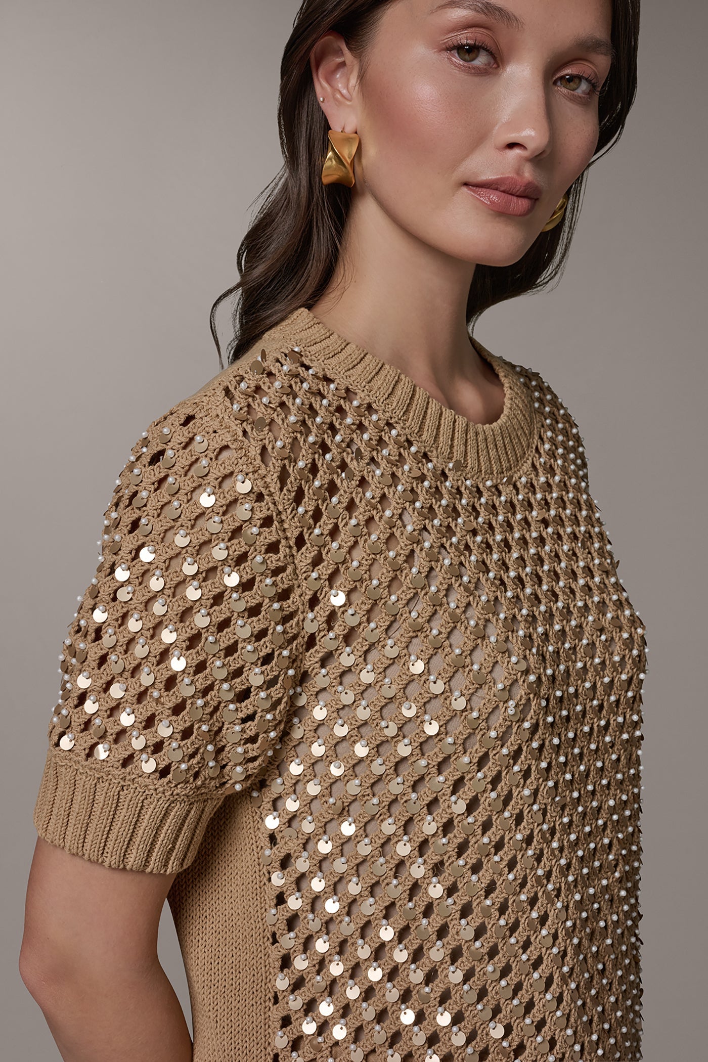 Fawn SHORT SLEEVE PEARL SEQUIN SWEATER Donna Karan