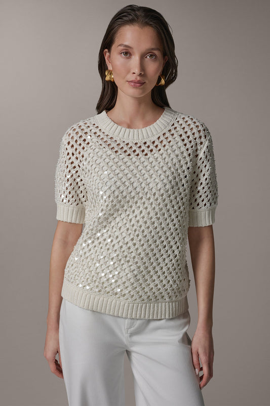 Cream SHORT SLEEVE PEARL SEQUIN SWEATER Donna Karan