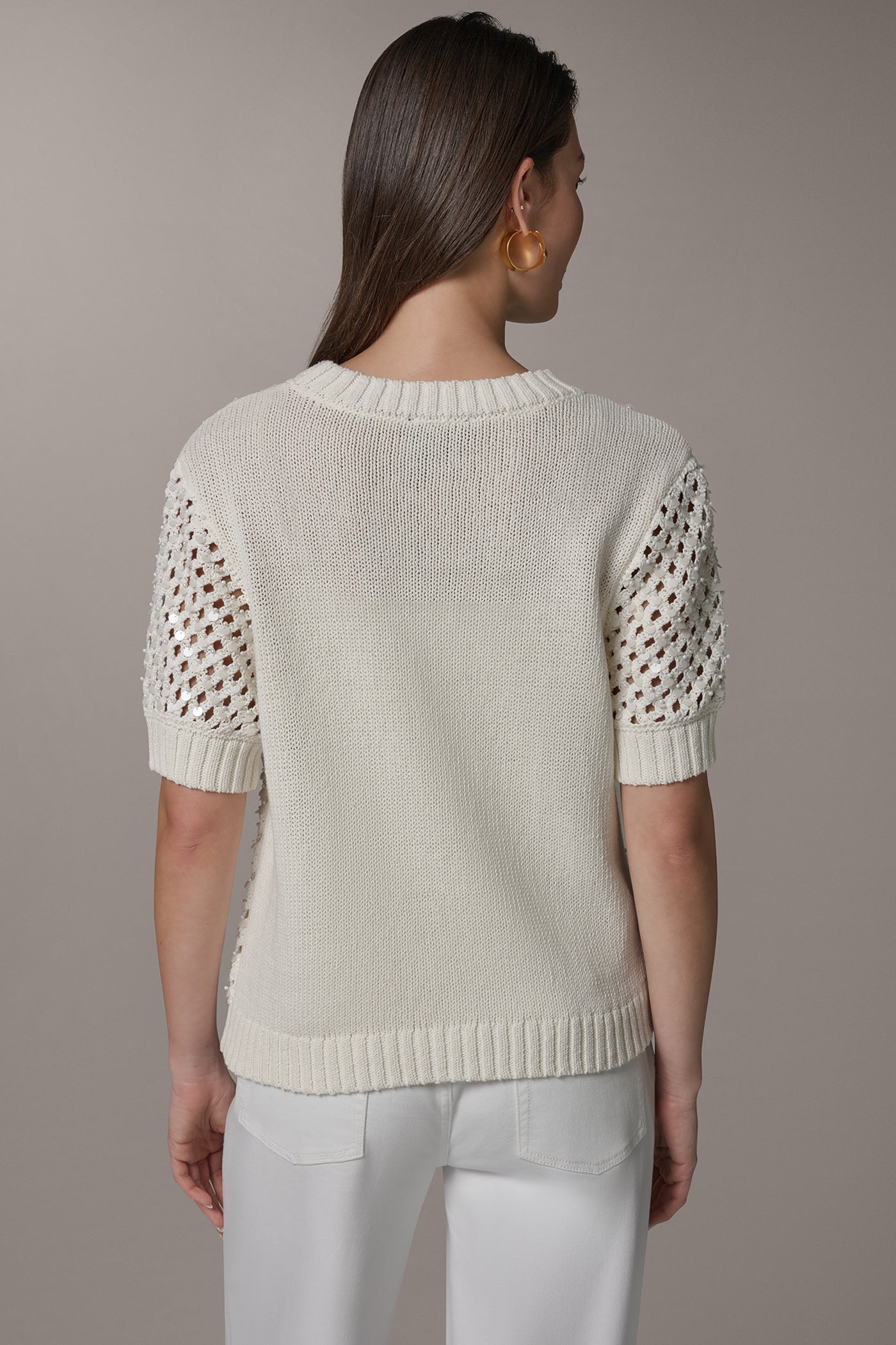 Cream SHORT SLEEVE PEARL SEQUIN SWEATER Donna Karan