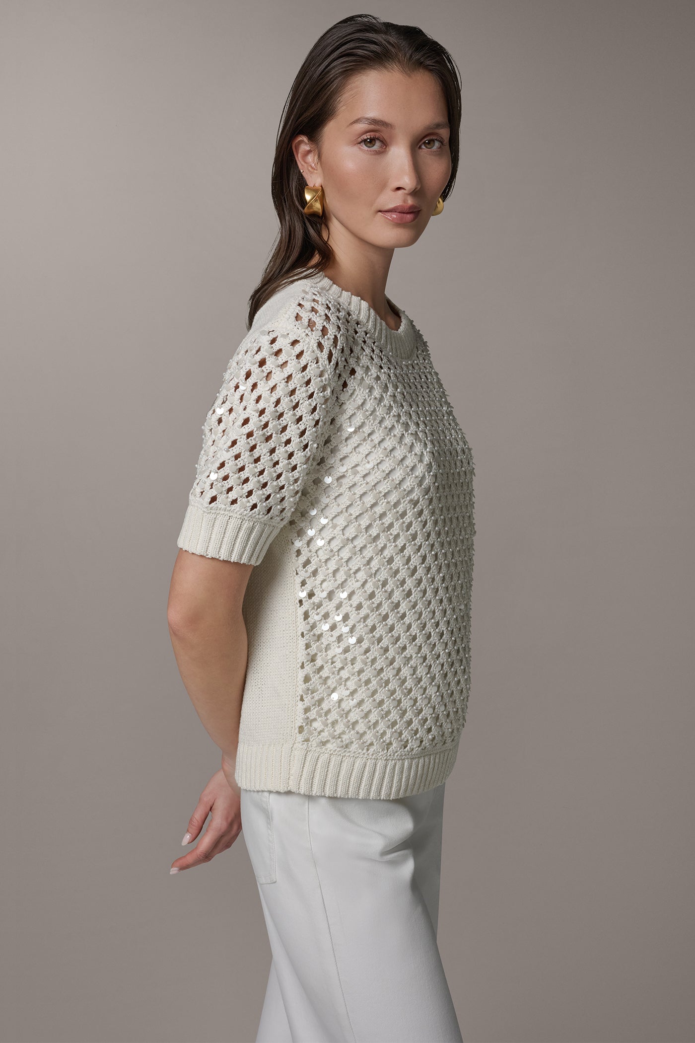 Cream SHORT SLEEVE PEARL SEQUIN SWEATER Donna Karan