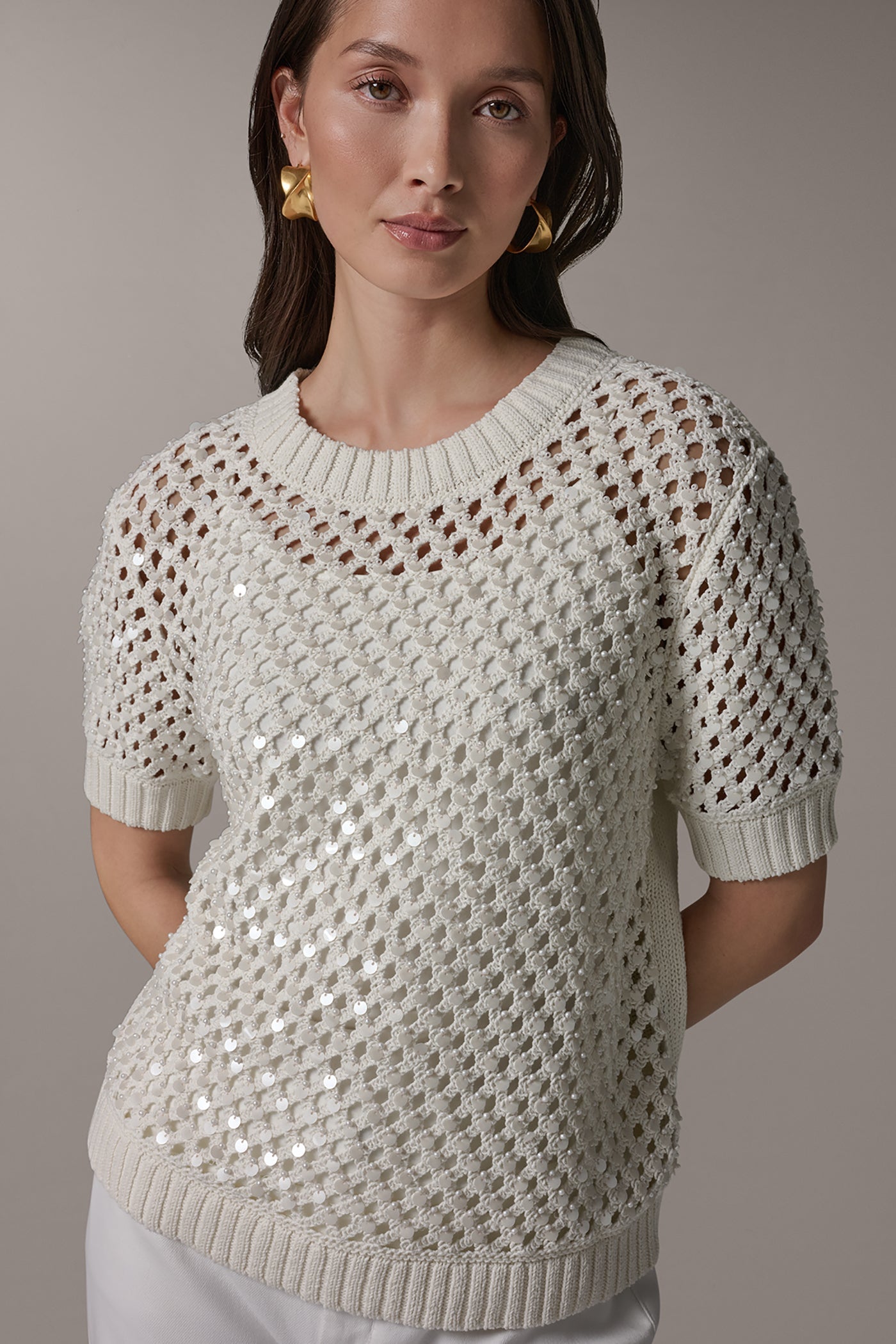 Cream SHORT SLEEVE PEARL SEQUIN SWEATER Donna Karan