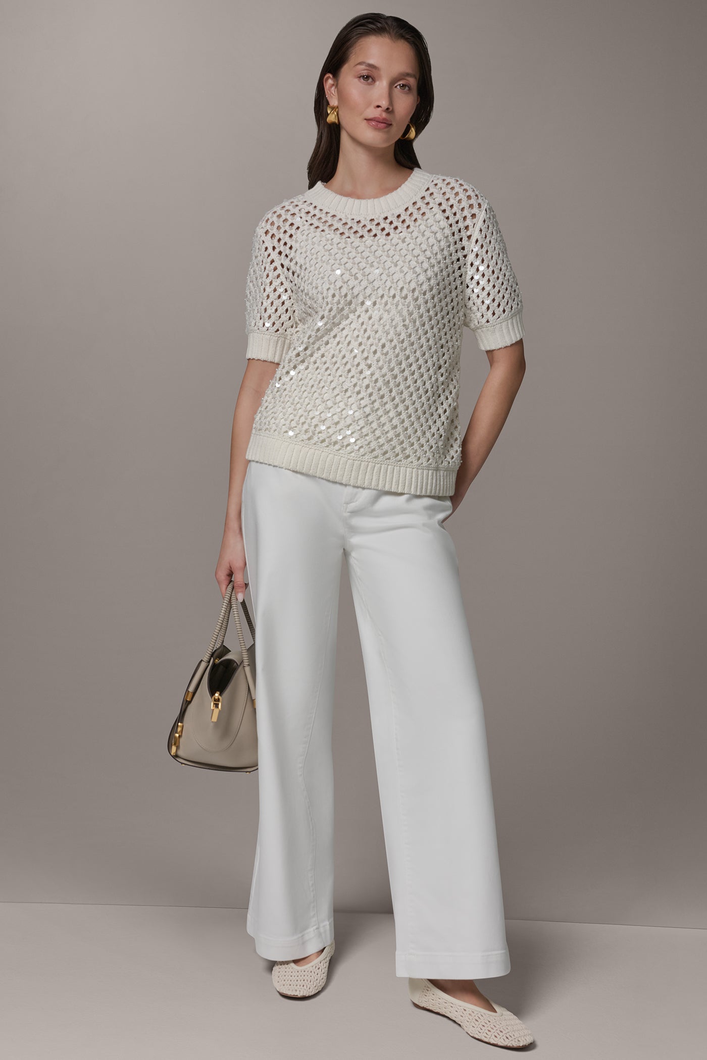 Cream SHORT SLEEVE PEARL SEQUIN SWEATER Donna Karan
