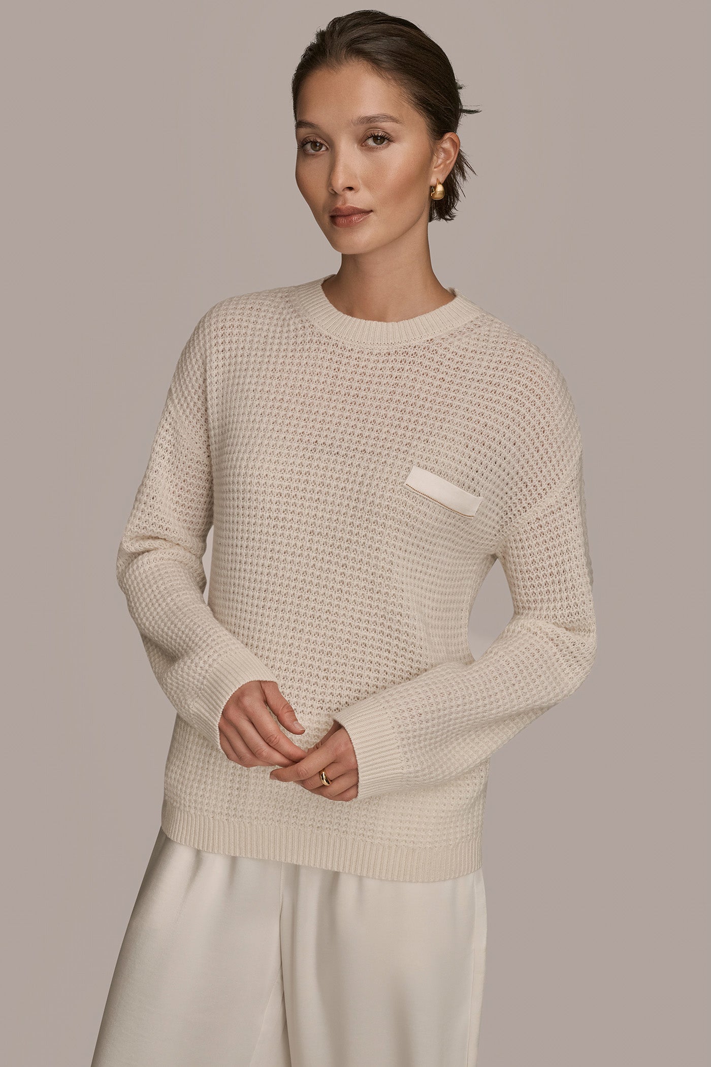 CREAM/GOLD WOOL AND CASHMERE-BLEND POCKET SWEATER Donna Karan