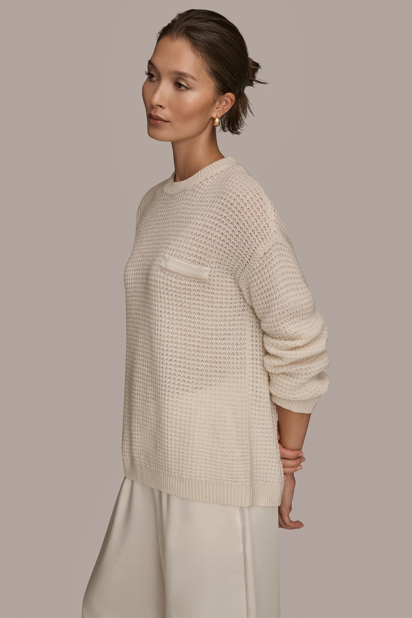 CREAM/GOLD WOOL AND CASHMERE-BLEND POCKET SWEATER Donna Karan
