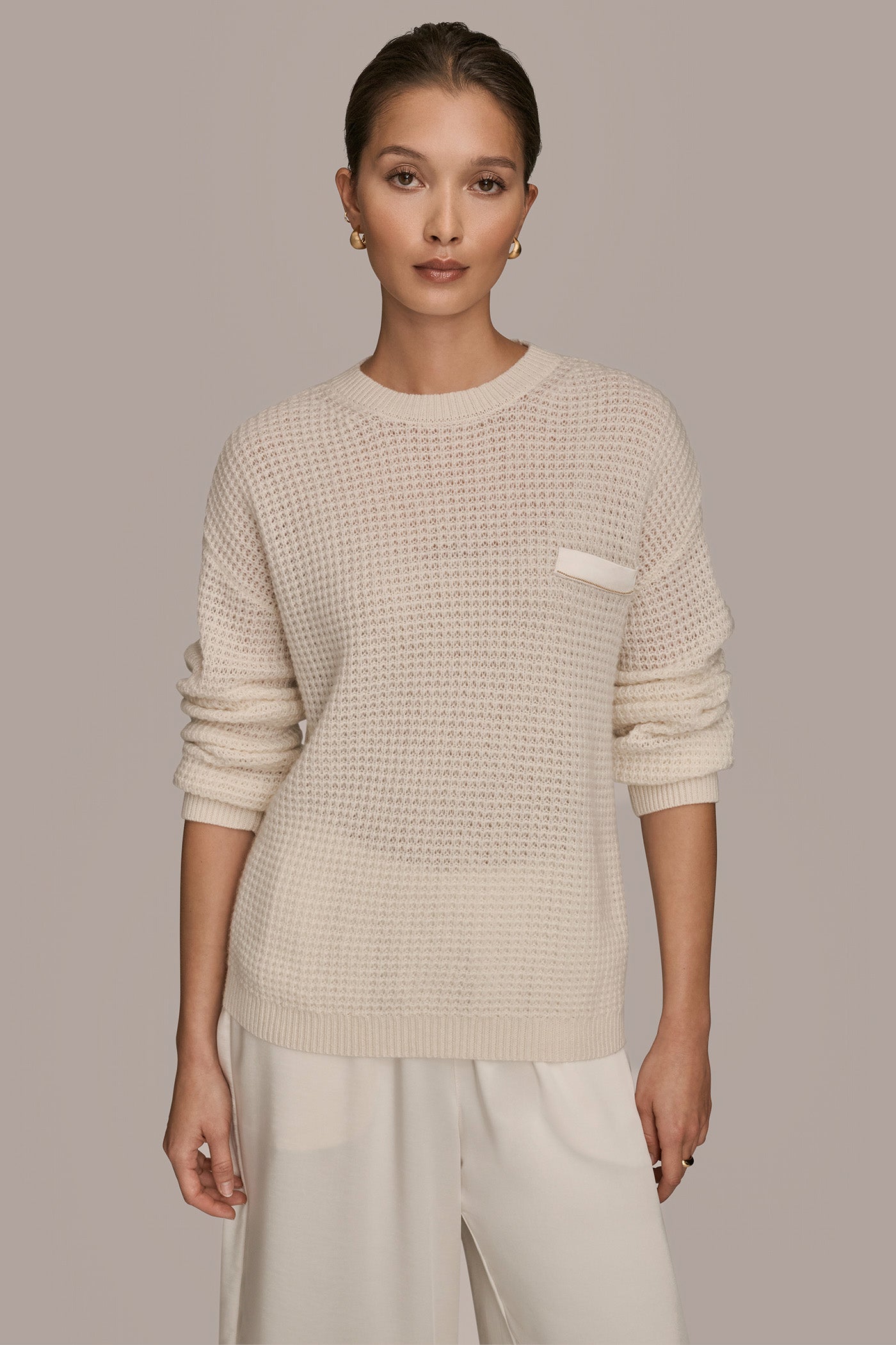 CREAM/GOLD WOOL AND CASHMERE-BLEND POCKET SWEATER Donna Karan