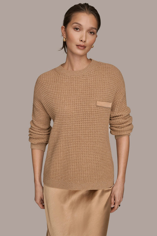 FAWN HEATHER/SILVER WOOL AND CASHMERE-BLEND POCKET SWEATER Donna Karan