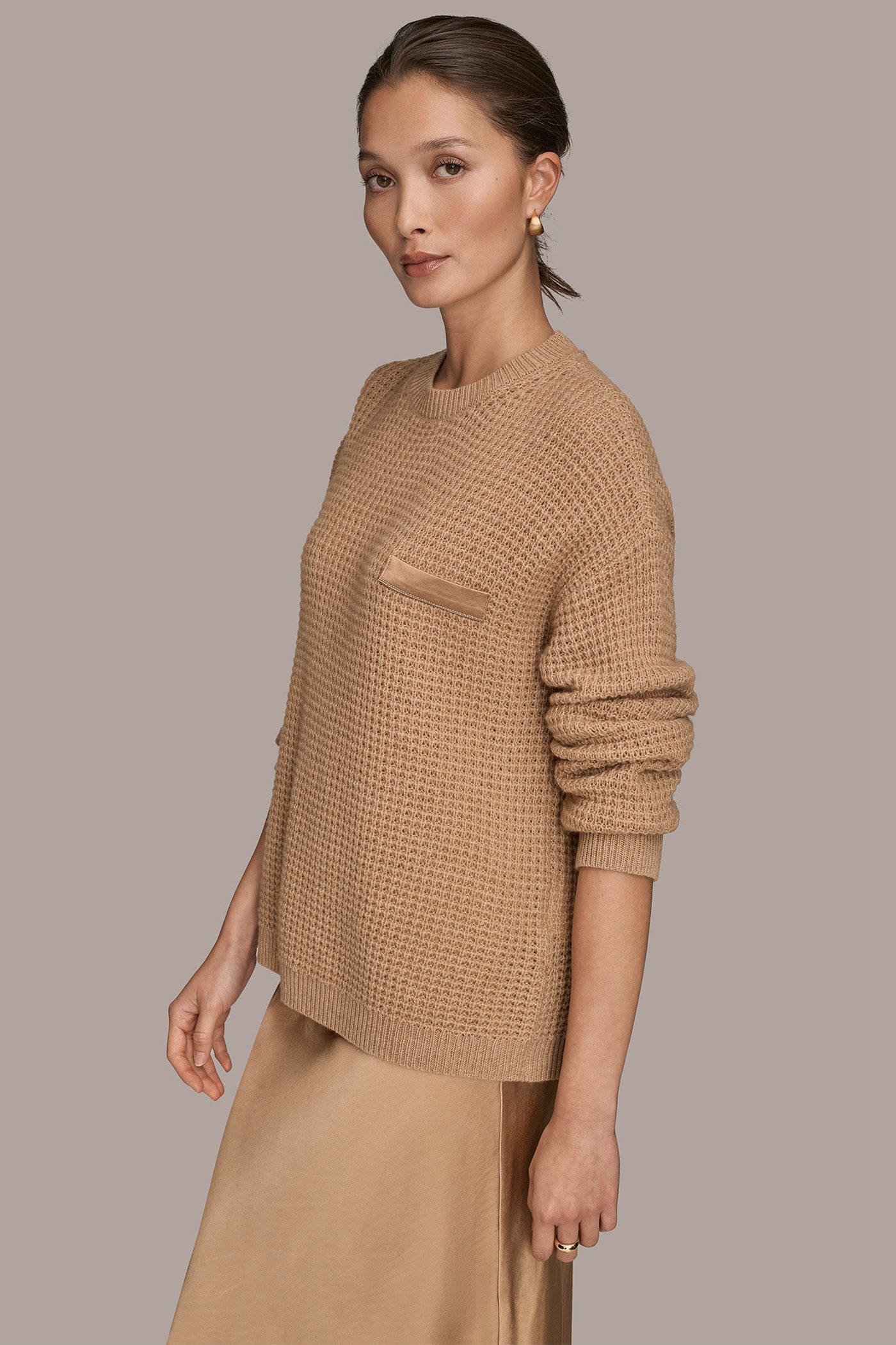 FAWN HEATHER/SILVER WOOL AND CASHMERE-BLEND POCKET SWEATER Donna Karan