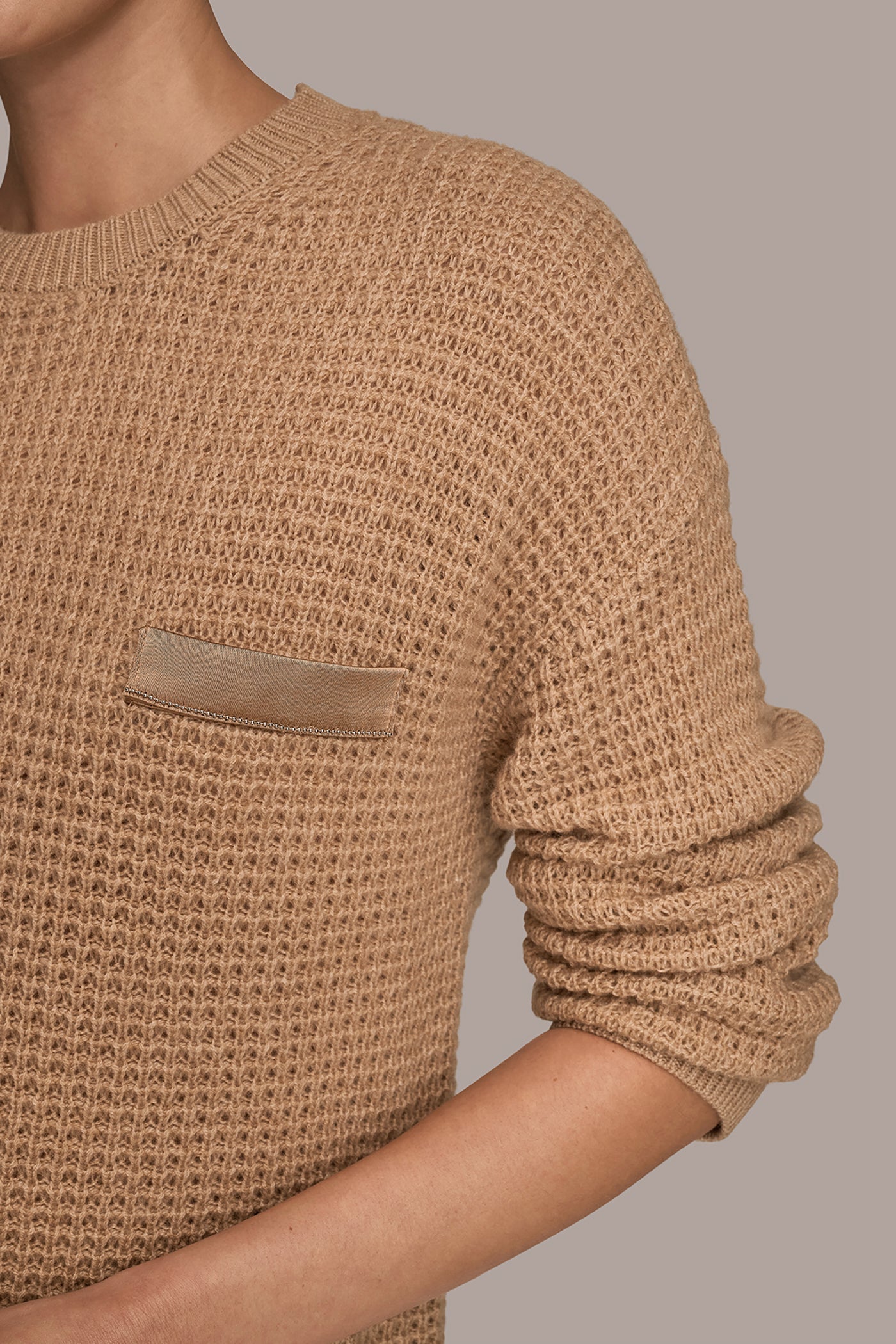 FAWN HEATHER/SILVER WOOL AND CASHMERE-BLEND POCKET SWEATER Donna Karan