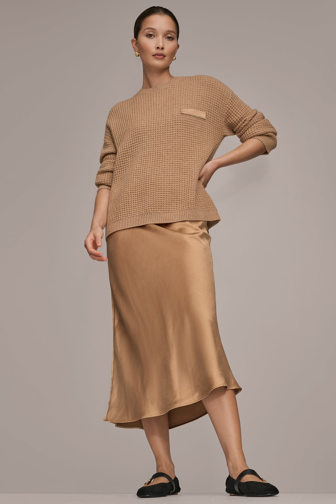 FAWN HEATHER/SILVER WOOL AND CASHMERE-BLEND POCKET SWEATER Donna Karan