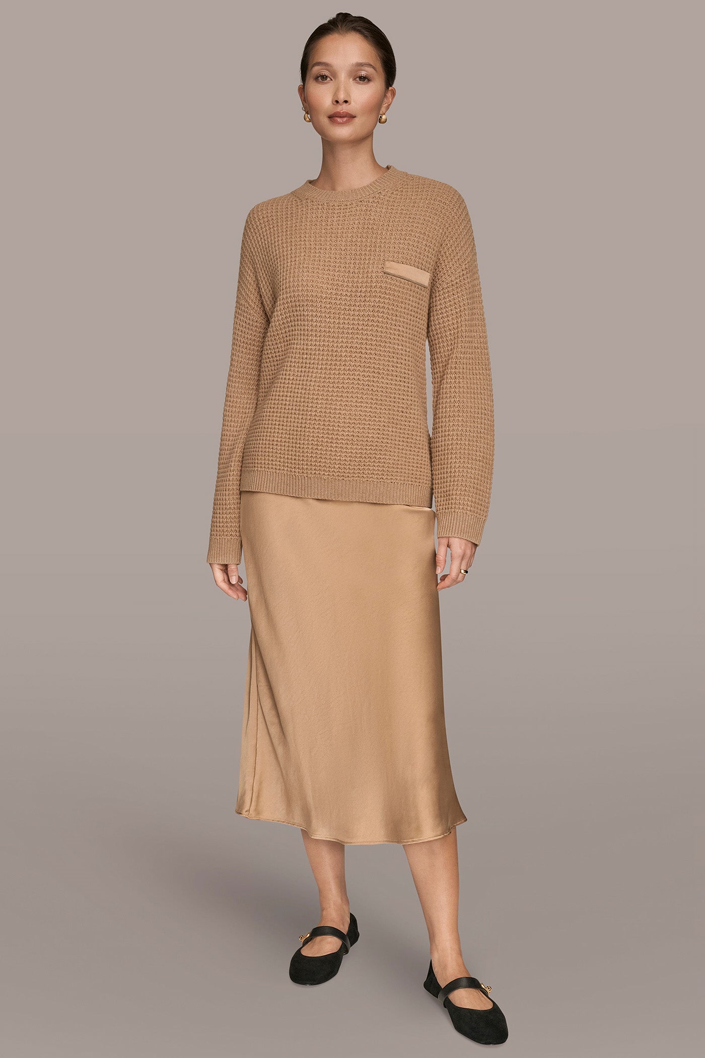 FAWN HEATHER/SILVER WOOL AND CASHMERE-BLEND POCKET SWEATER Donna Karan