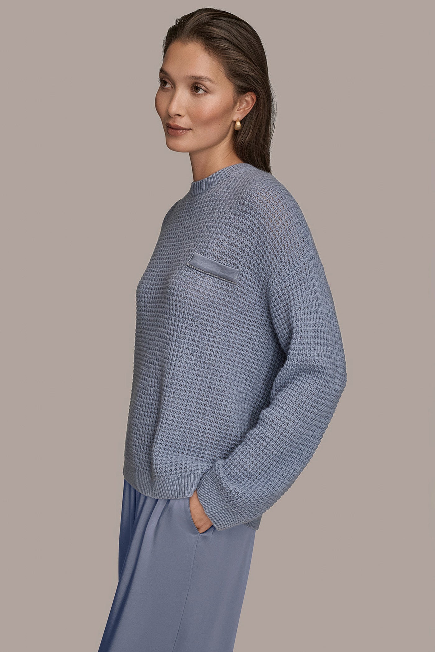 TEMPEST/SILVER WOOL AND CASHMERE-BLEND POCKET SWEATER Donna Karan