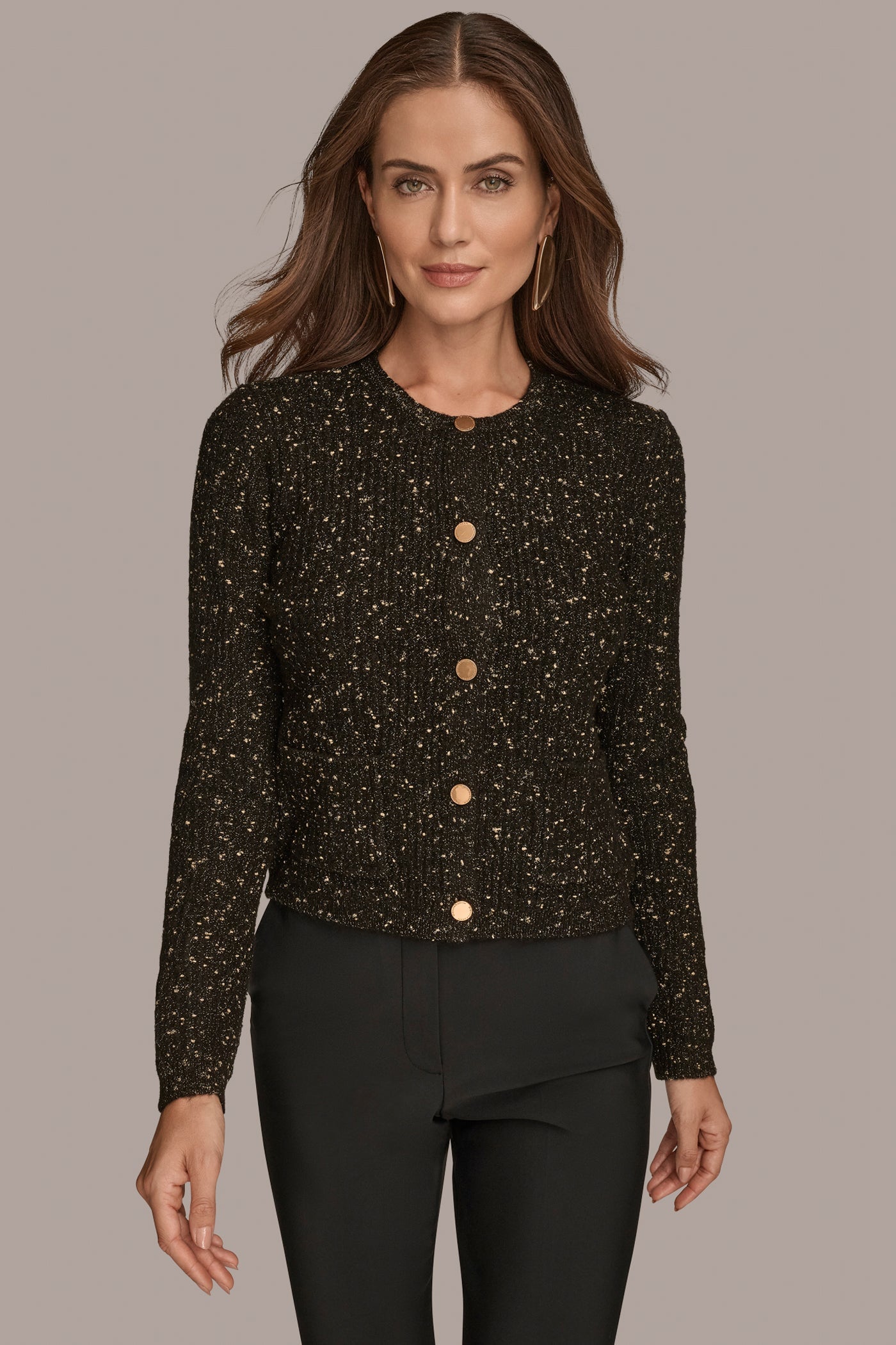 BLACK/GOLD LONG SLEEVE METALLIC SPECKLED CARDIGAN Donna Karan
