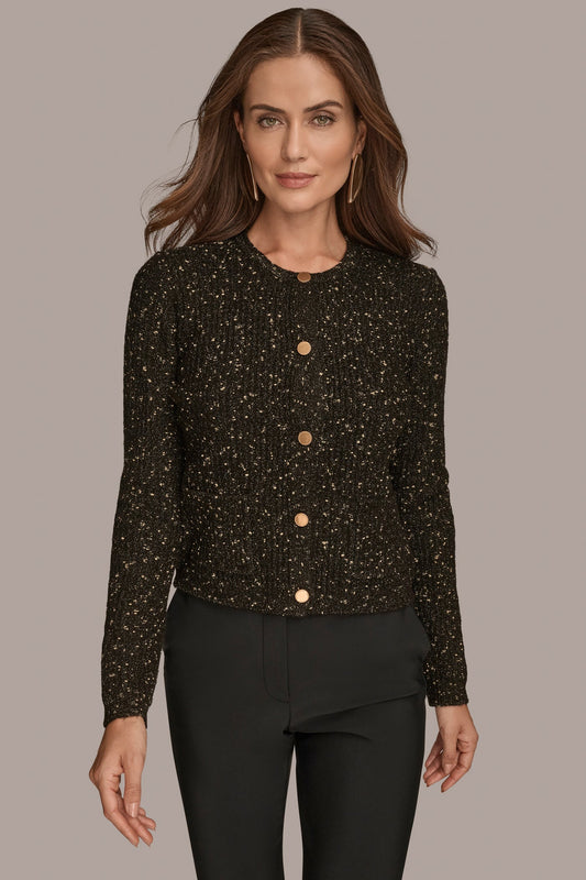 BLACK/GOLD LONG SLEEVE METALLIC SPECKLED CARDIGAN Donna Karan
