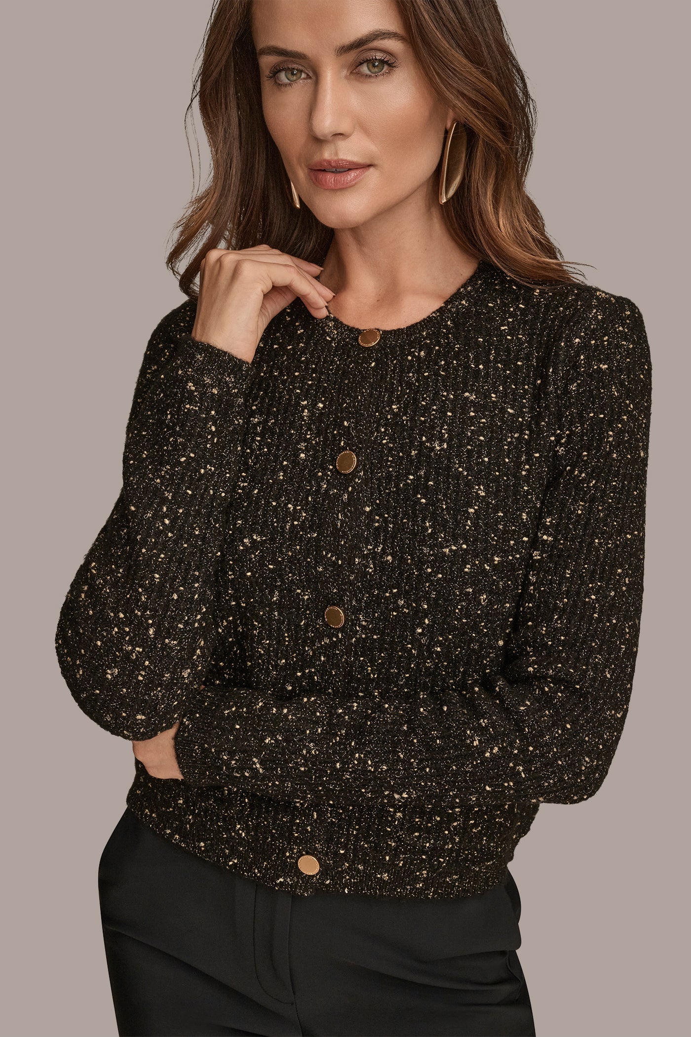 BLACK/GOLD LONG SLEEVE METALLIC SPECKLED CARDIGAN Donna Karan