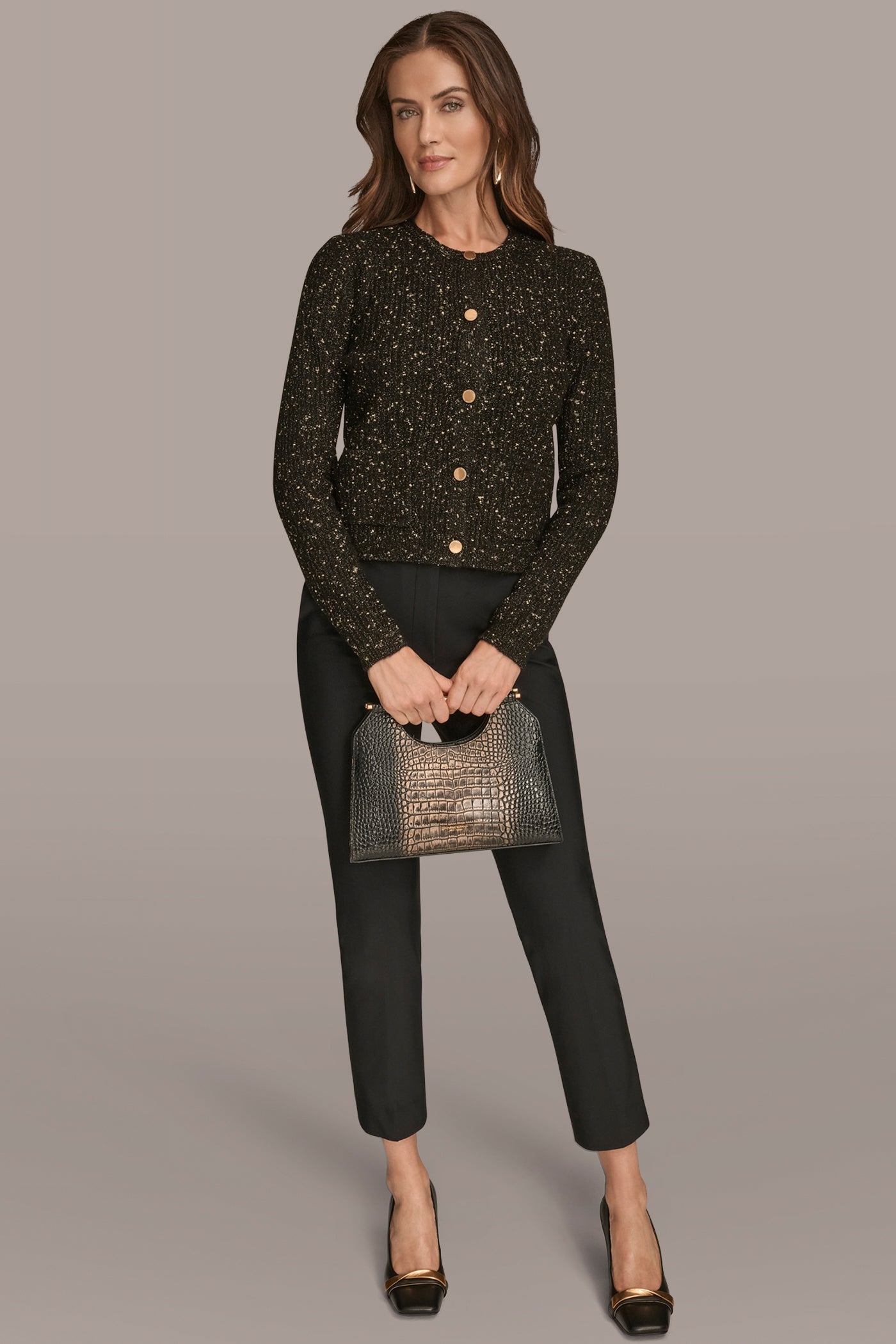 BLACK/GOLD LONG SLEEVE METALLIC SPECKLED CARDIGAN Donna Karan