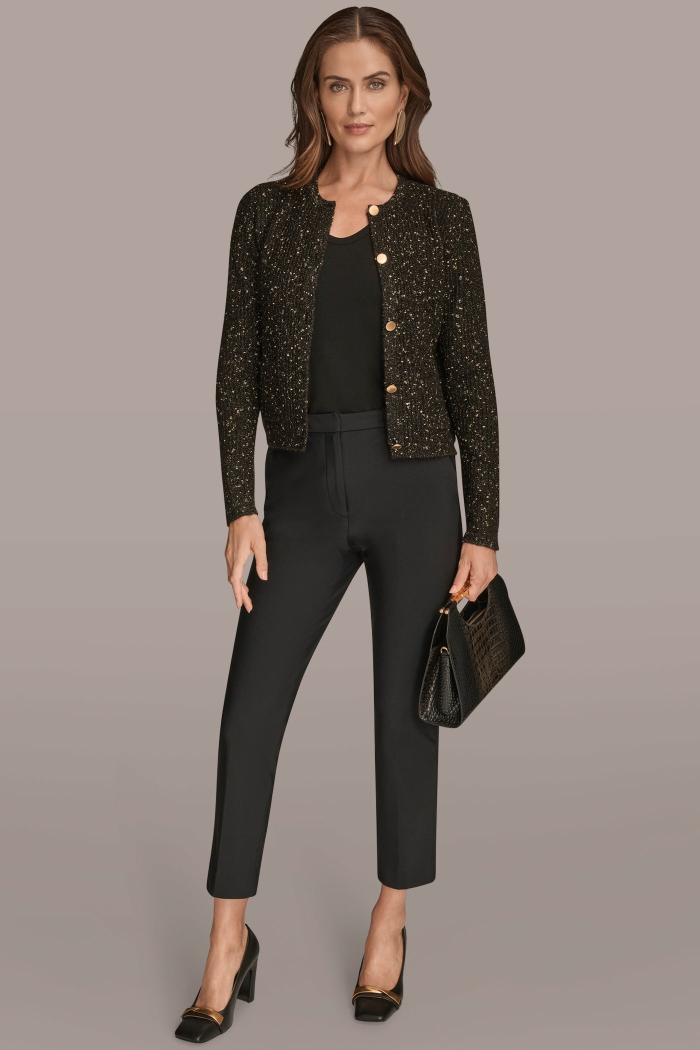 BLACK/GOLD LONG SLEEVE METALLIC SPECKLED CARDIGAN Donna Karan