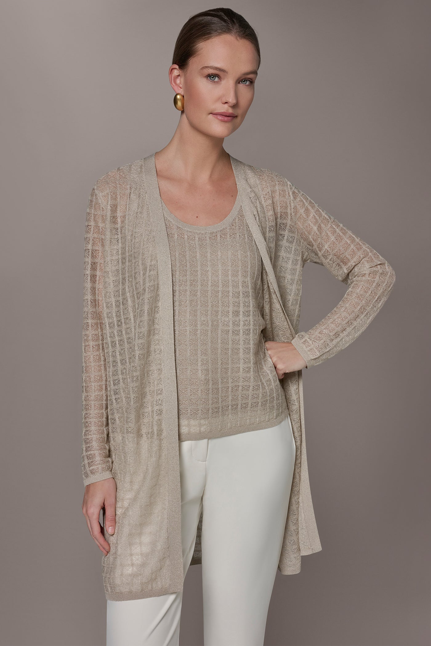 Tuscan Grey LONG GRID STITCH CARDIGAN Donna Karan