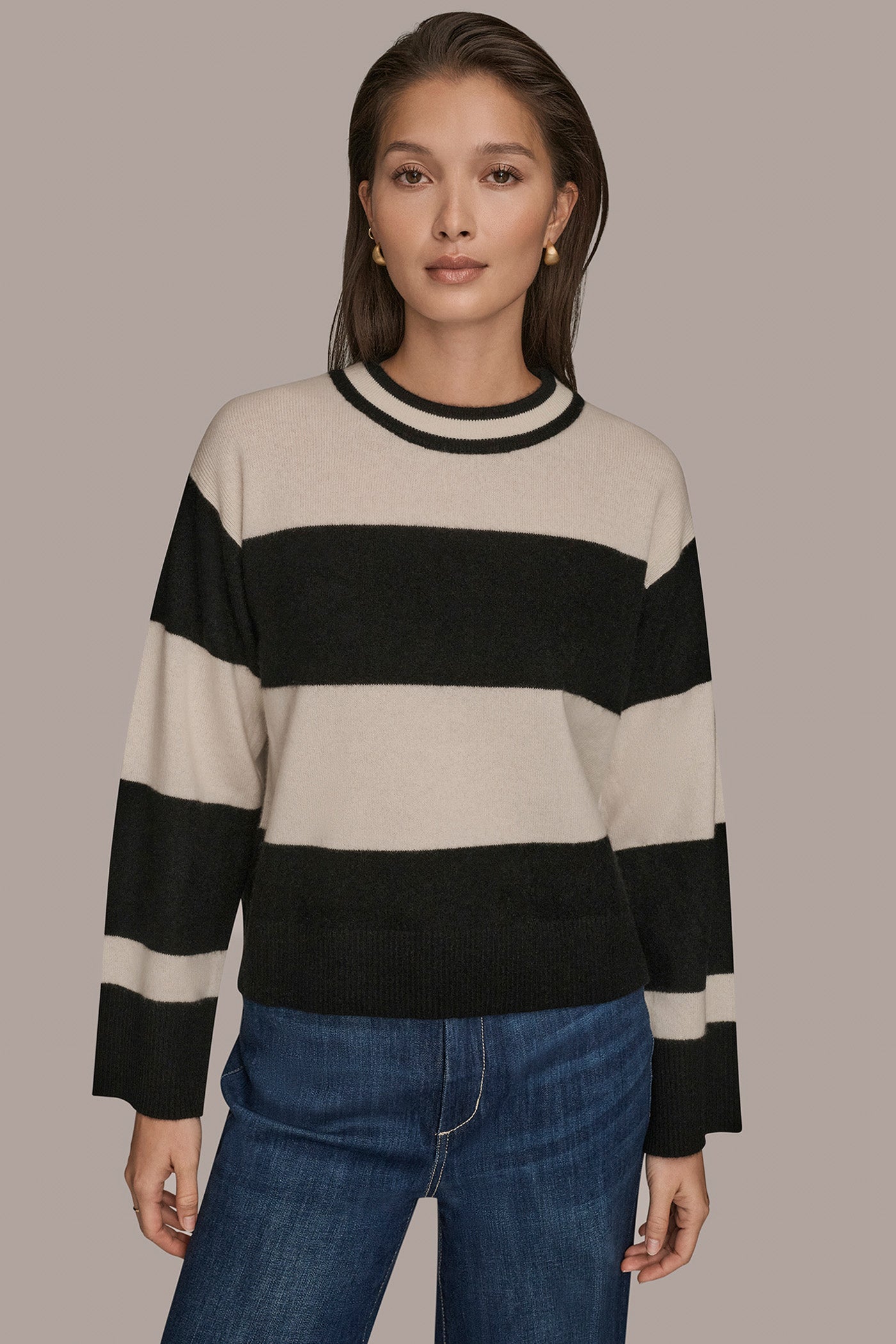 Black/Cream STRIPED CREWNECK BOXY SWEATER Donna Karan