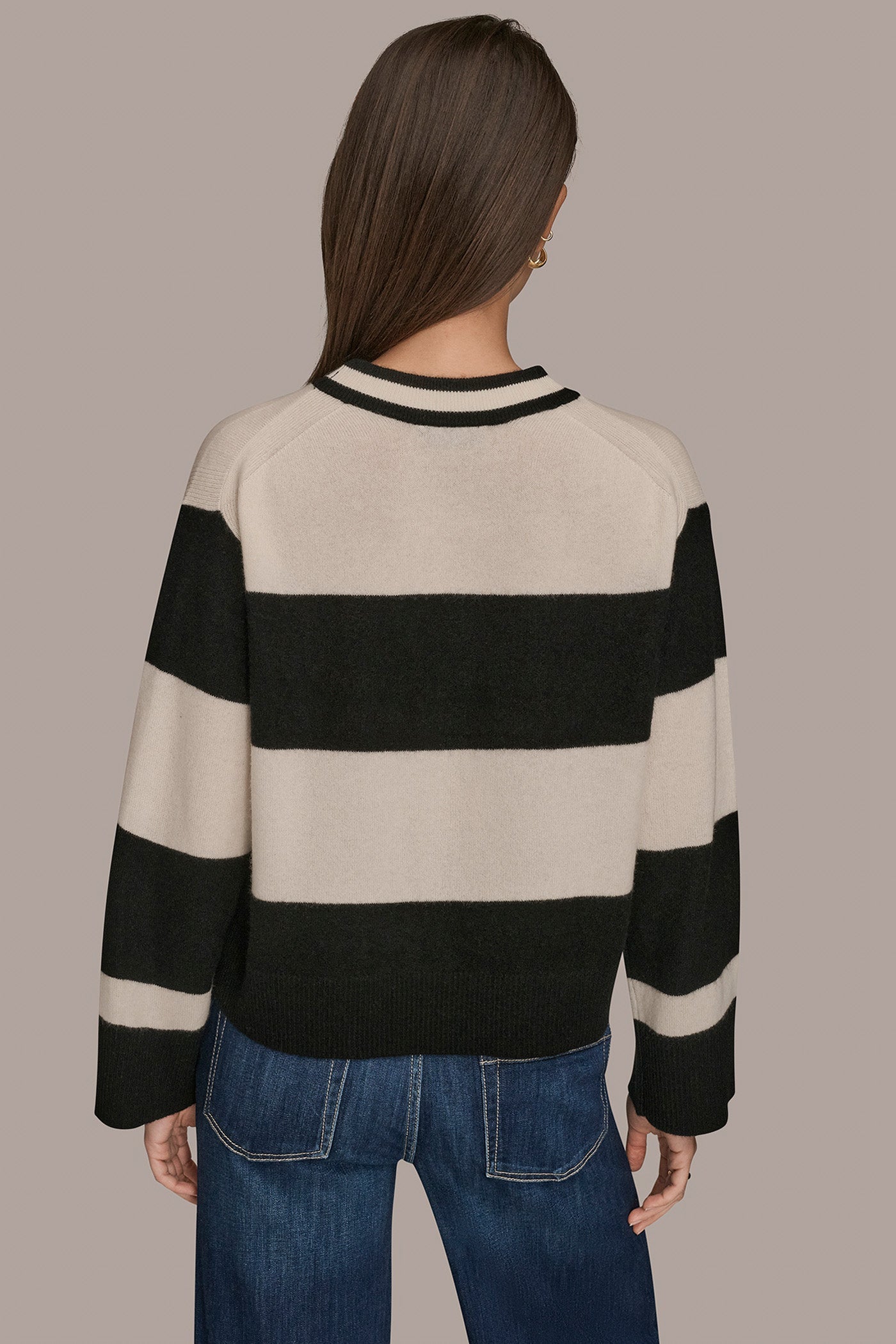 Black/Cream STRIPED CREWNECK BOXY SWEATER Donna Karan
