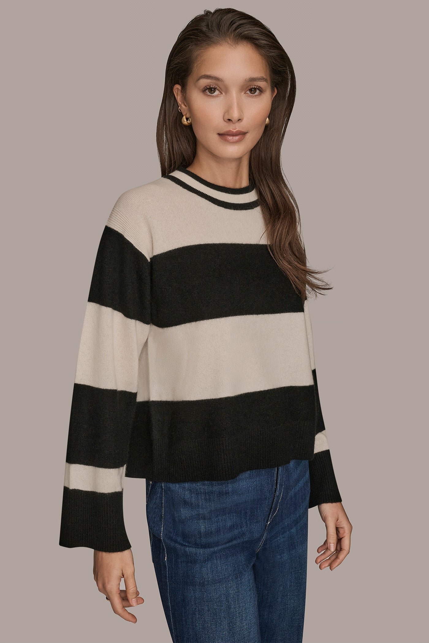Black/Cream STRIPED CREWNECK BOXY SWEATER Donna Karan