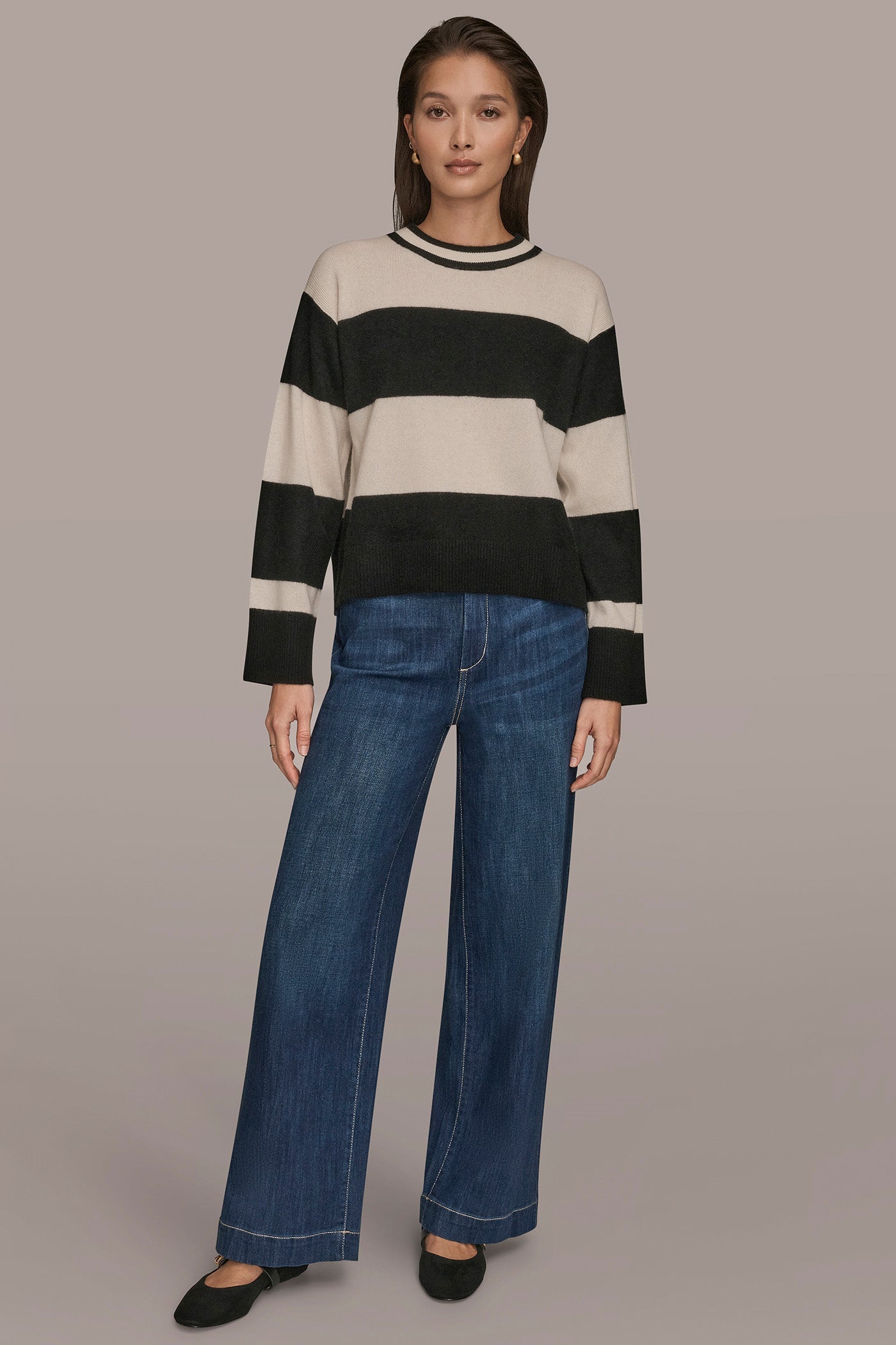 Black/Cream STRIPED CREWNECK BOXY SWEATER Donna Karan