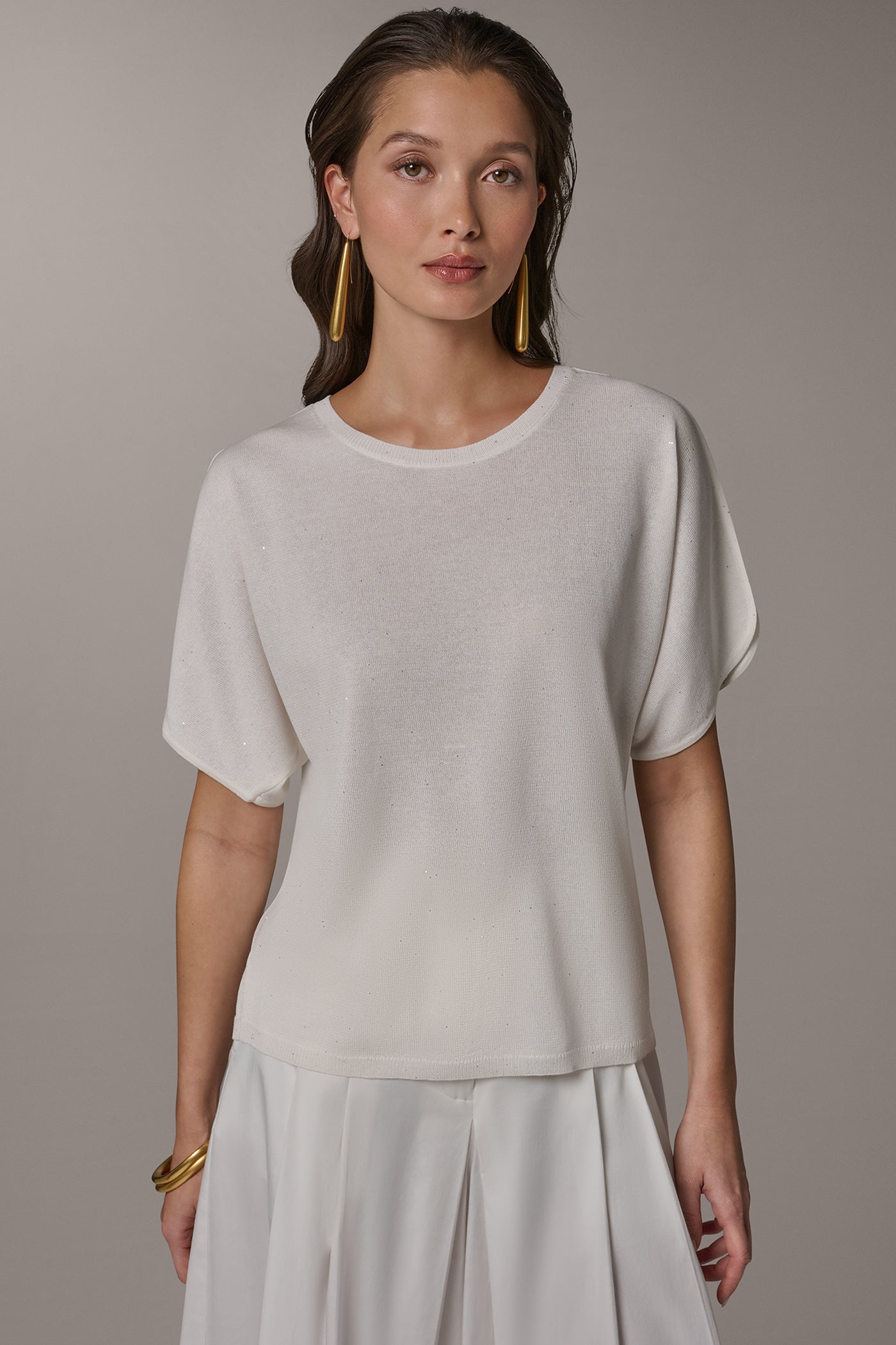 Cream SEQUIN SPLIT SLEEVE SWEATER Donna Karan