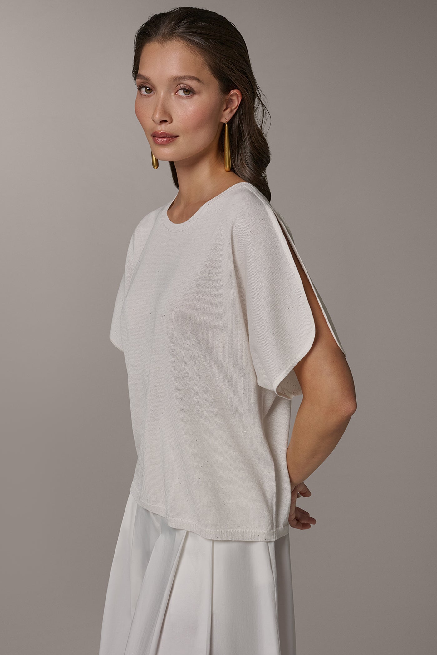 Cream SEQUIN SPLIT SLEEVE SWEATER Donna Karan
