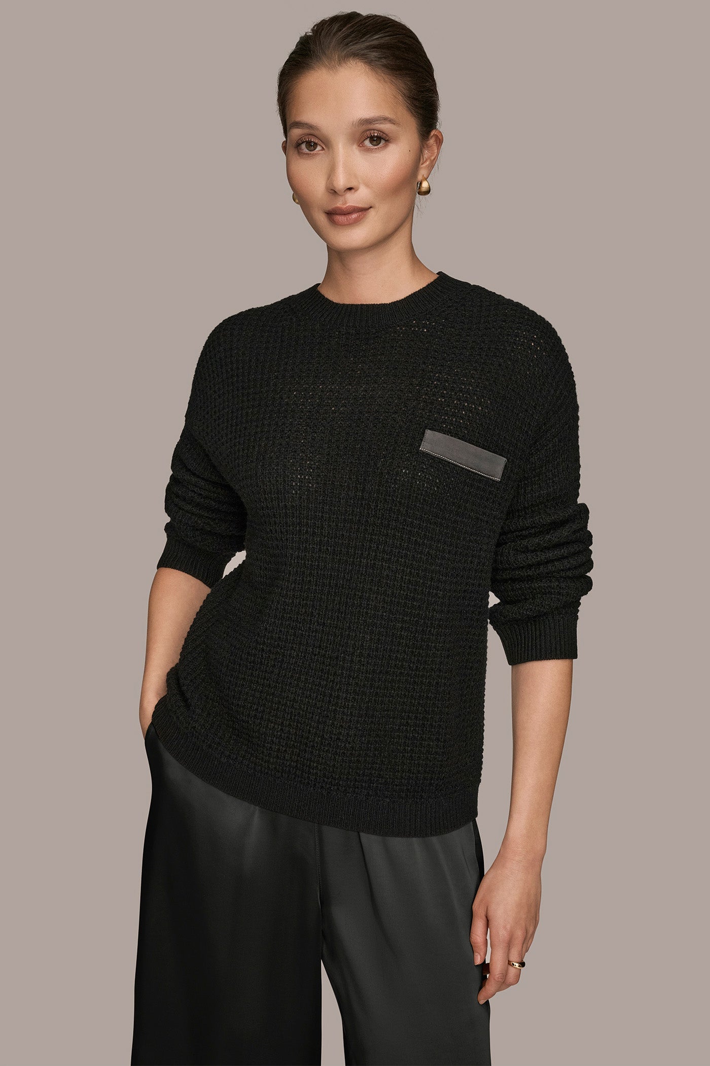 BLACK/SILVER WOOL AND CASHMERE-BLEND POCKET SWEATER Donna Karan