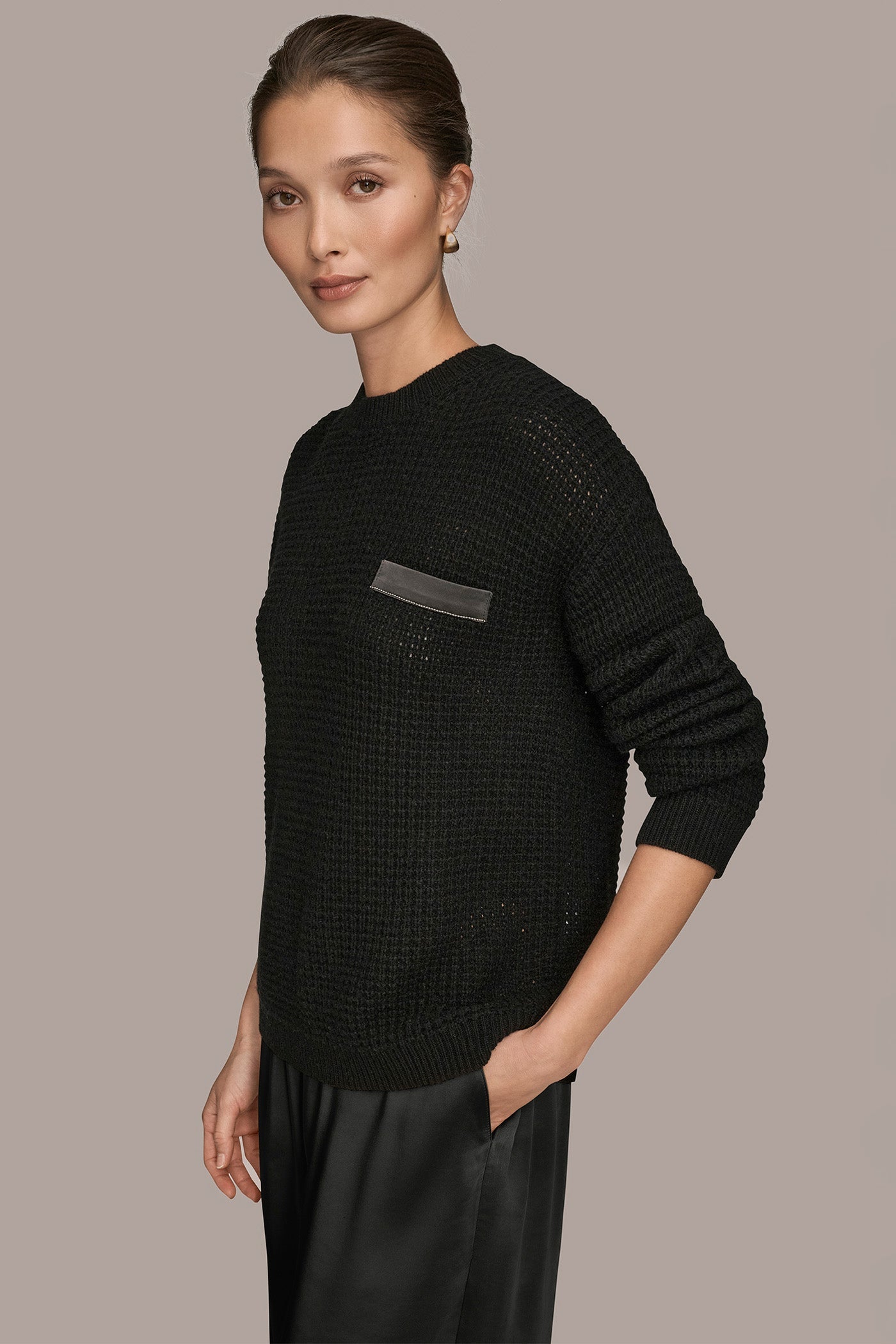 BLACK/SILVER WOOL AND CASHMERE-BLEND POCKET SWEATER Donna Karan
