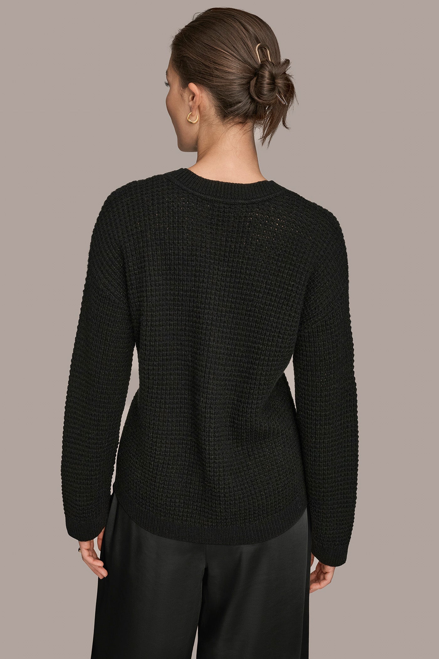 BLACK/SILVER WOOL AND CASHMERE-BLEND POCKET SWEATER Donna Karan